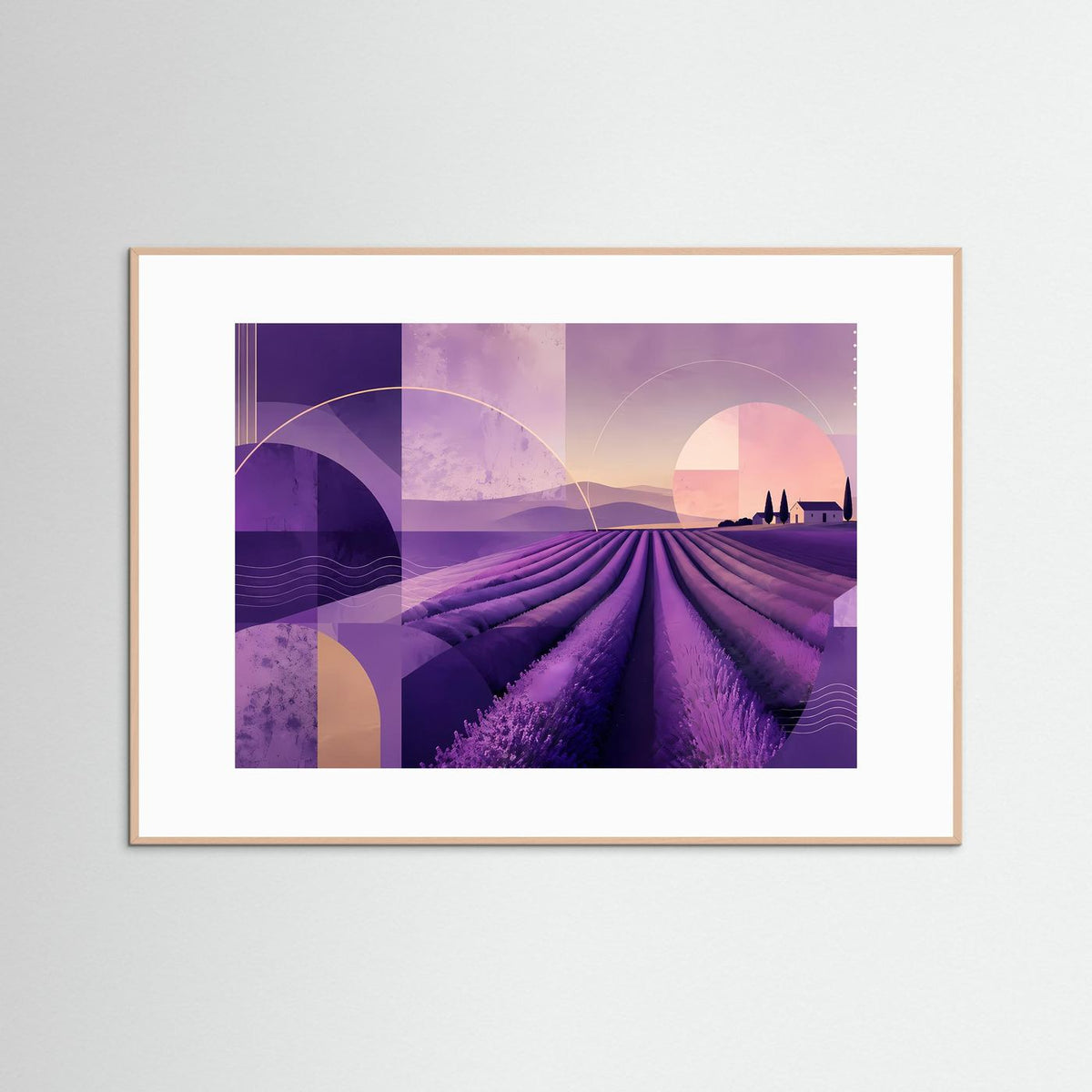 Abstraktes Wandbild mit Lavendelfeld in Violett und Rosa, geometrisch, im beigen Rahmen.