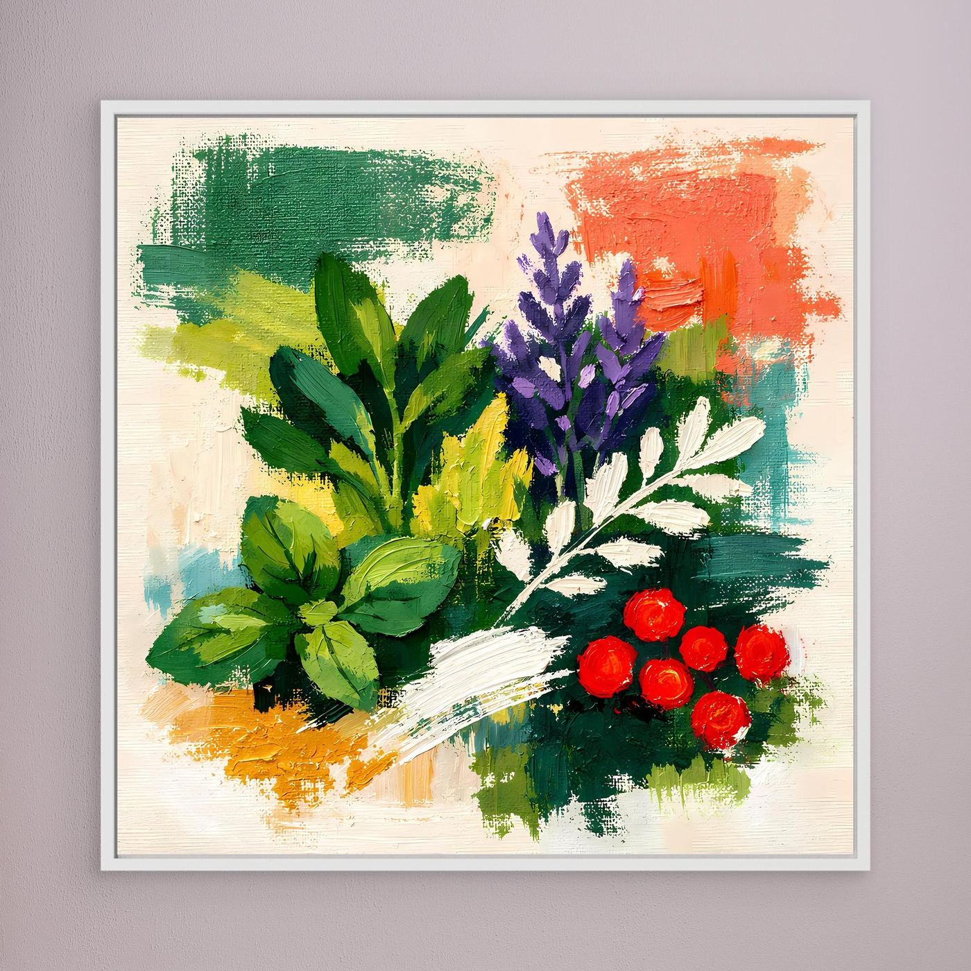 Abstract herb botanical wall art on canvas with multicolor foliage and red flowers, light frame