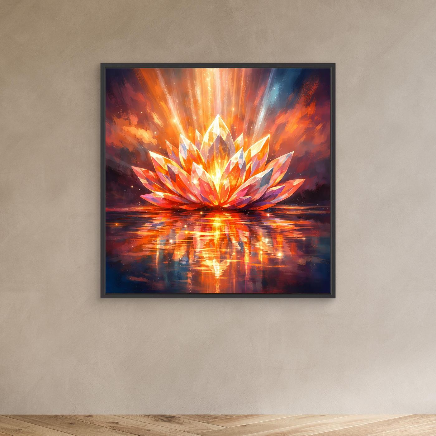 Leinwandbild mit leuchtender Lotusblüte in orange-blaue Farben, im schwarzen Rahmen