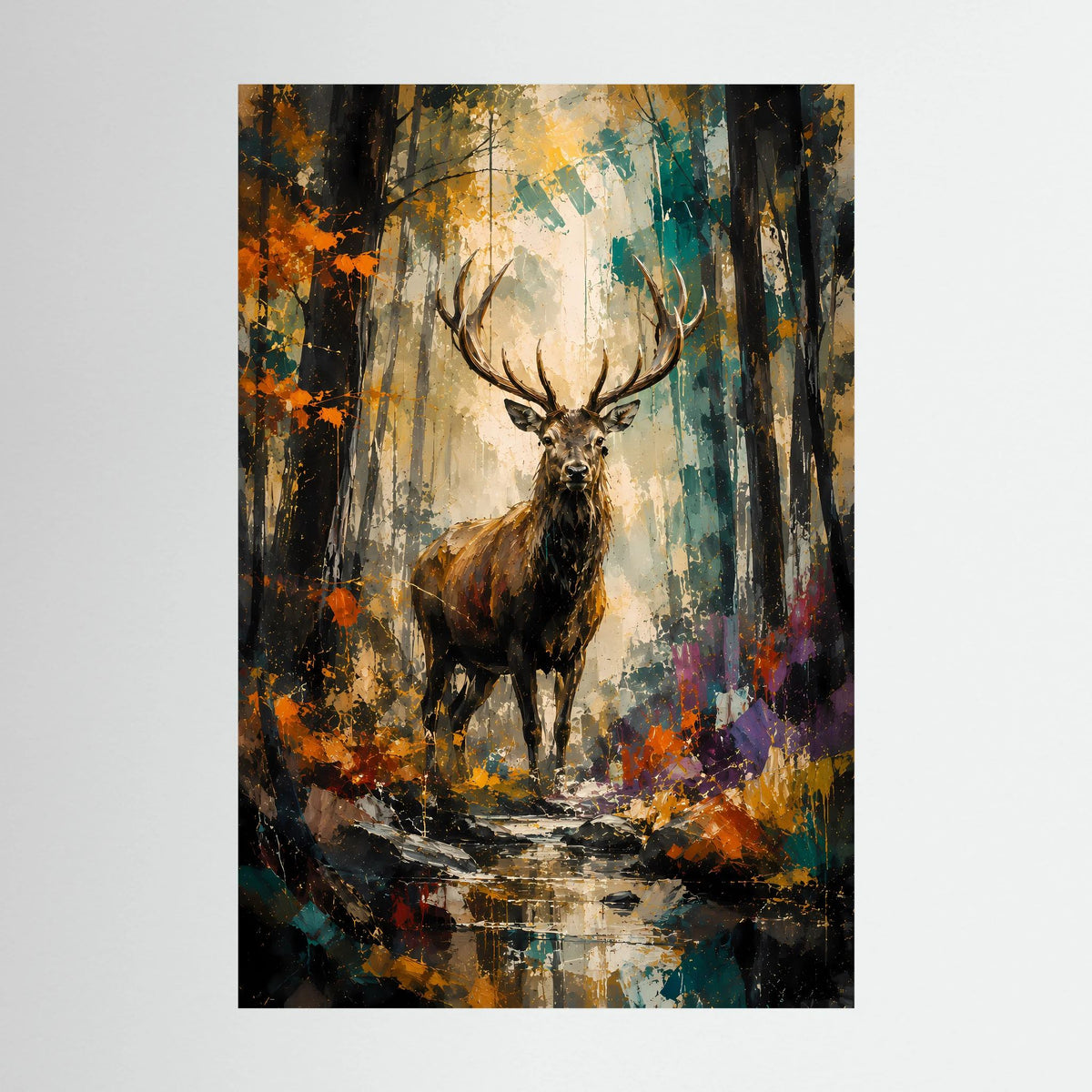 Majestätischer Hirsch | Abstrakte Waldkunst in Gold und Türkis | Poster Hochformat