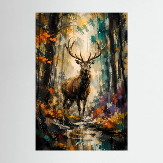 Hochformat-Poster mit Hirsch im abstrakten Wald, kräftige Farbflecken in Gold und Türkis