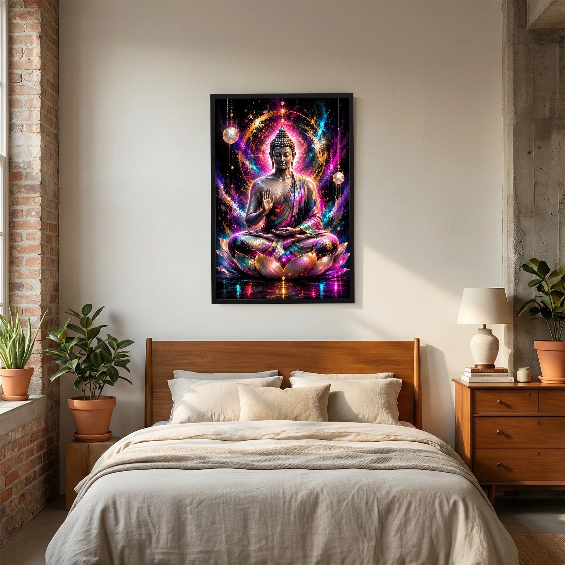 Neon-Buddha-Poster mit meditierendem Buddha auf Lotus, leuchtende Farbspritzer, schwarzer Rahmen