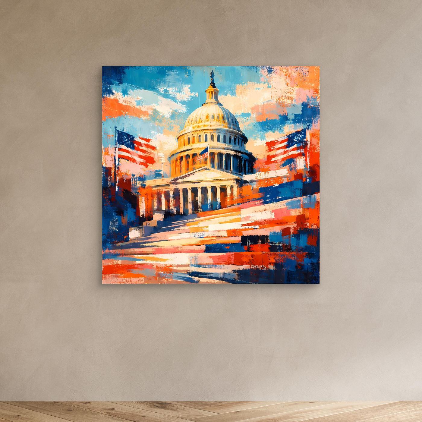 Abstraktes Leinwandbild: goldenes US-Kapitol mit US-Flaggen, Blau-Orange Pinselstriche, ohne Rahmen.