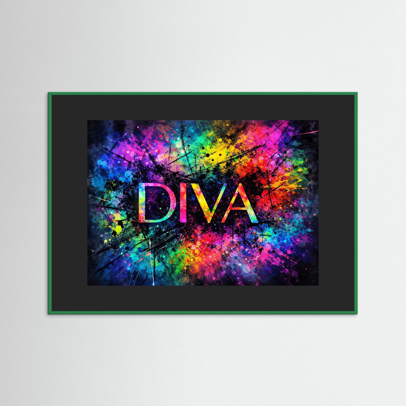 Wandbild mit DIVA-Schriftzug und Farbspritzer-Design, dunkelgrauer Rahmen mit grünem Rand
