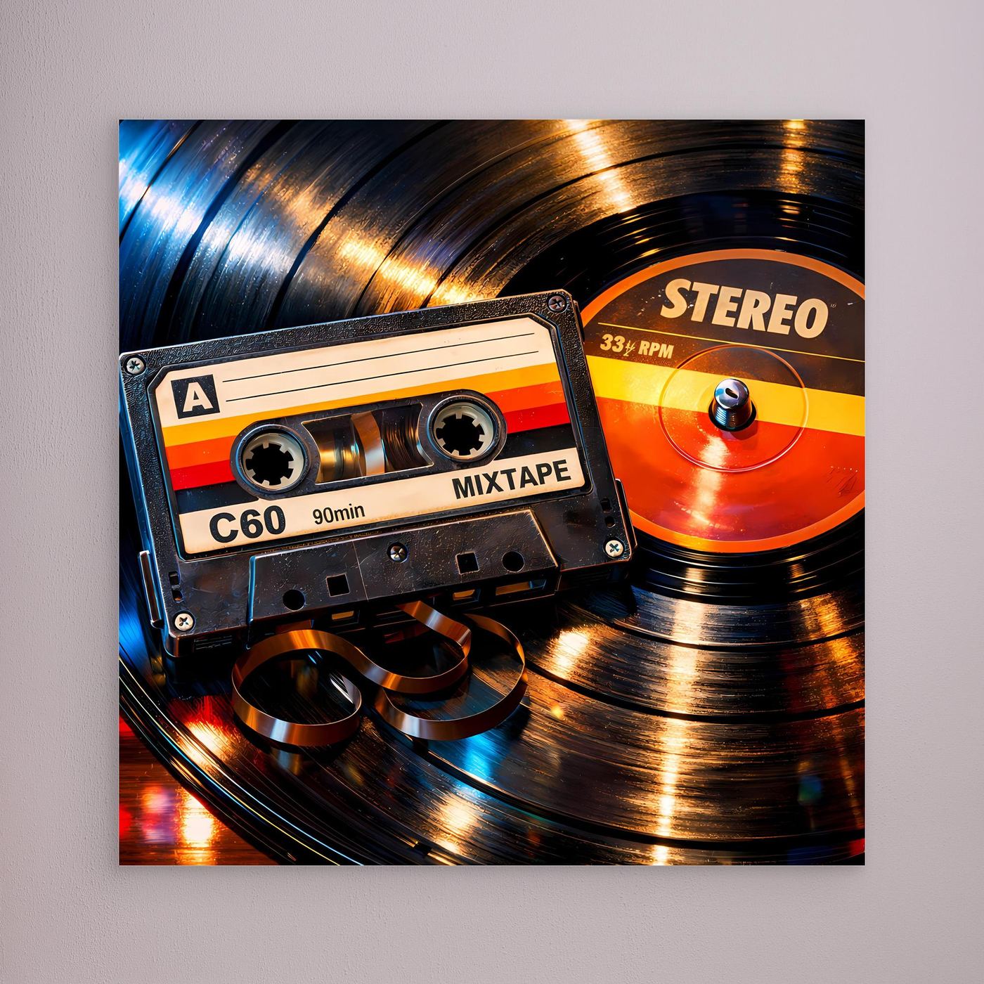 Gerahmtes Leinwandbild mit Schallplatte und Mixtape im Retro-Look, heller Rahmen.