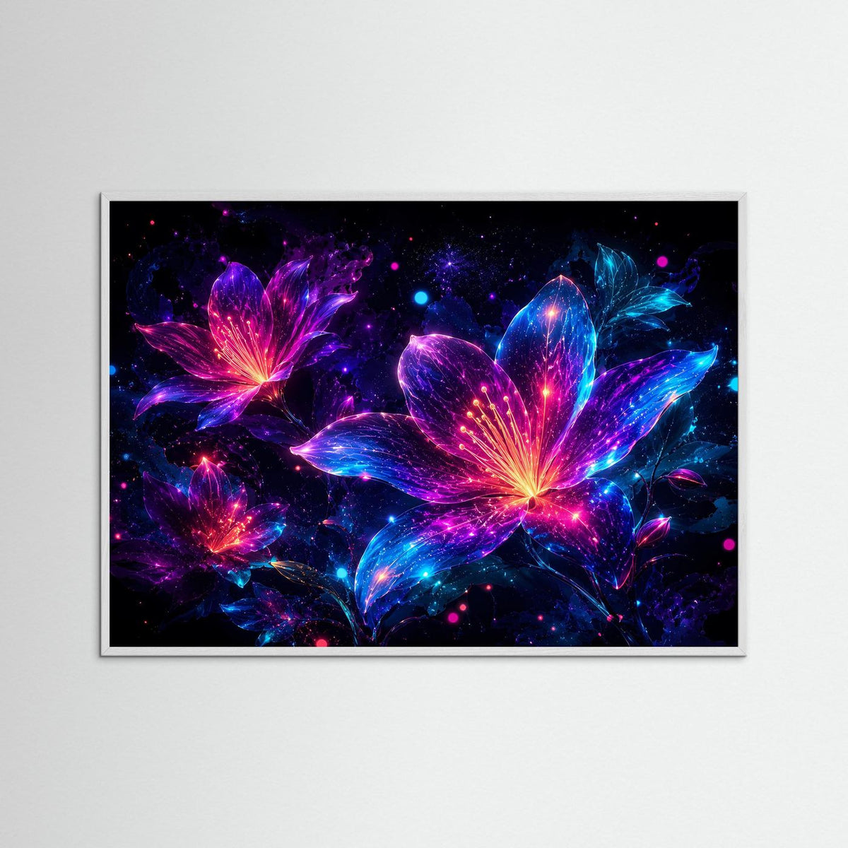 Neon-Blumenwandbild mit leuchtenden Lilien in Pink, Violett und Blau, weißer Rahmen