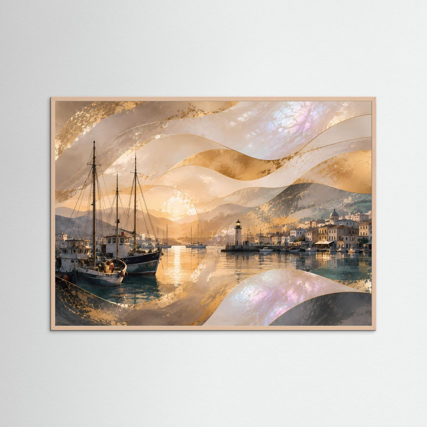 Hafen-Poster im Querformat in rosafarbenem Holrahmen: Segelboote und Leuchtturm bei goldenem Licht.