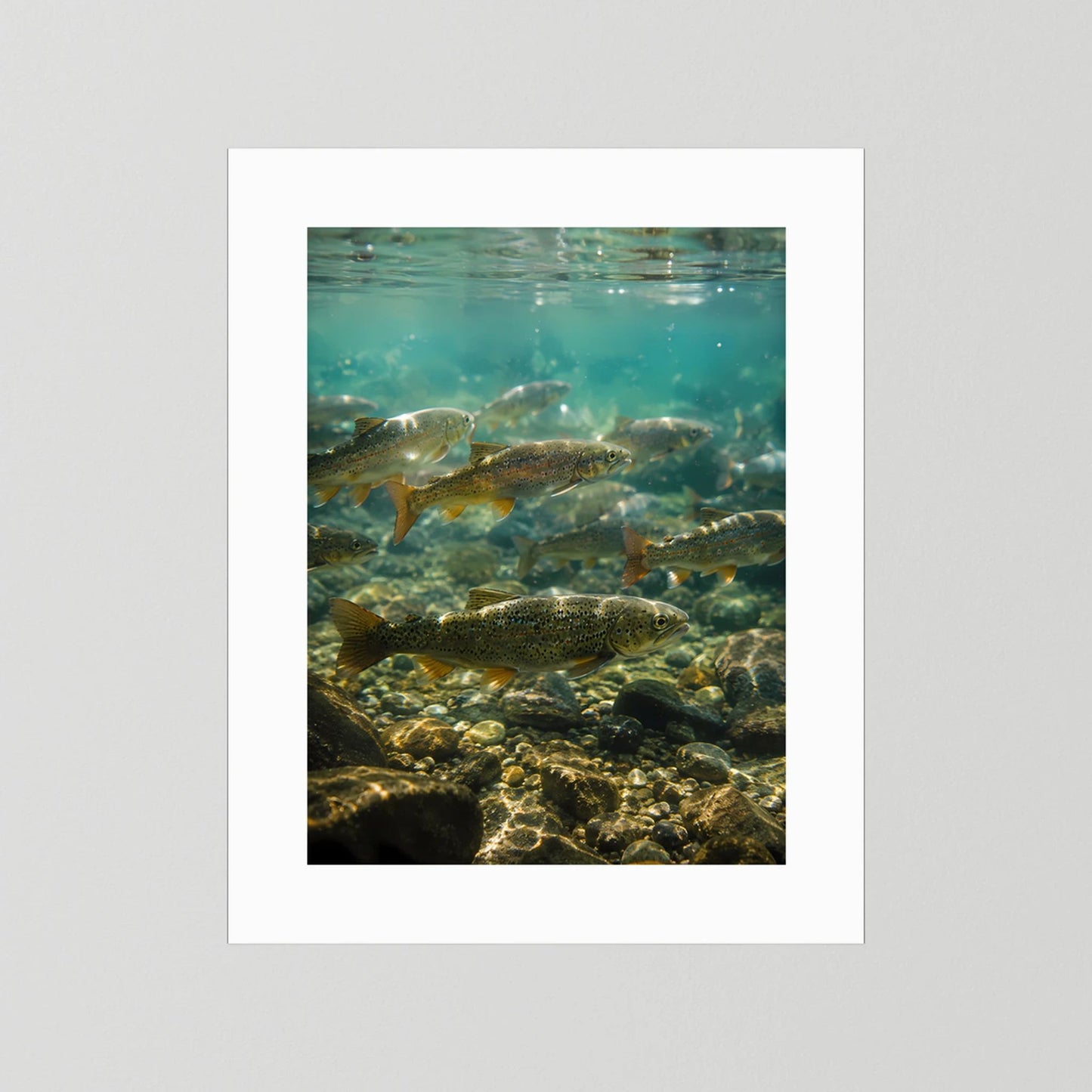 Hochformatposter mit weißem Passepartout: Forellen unter Wasser, Steine im Vordergrund