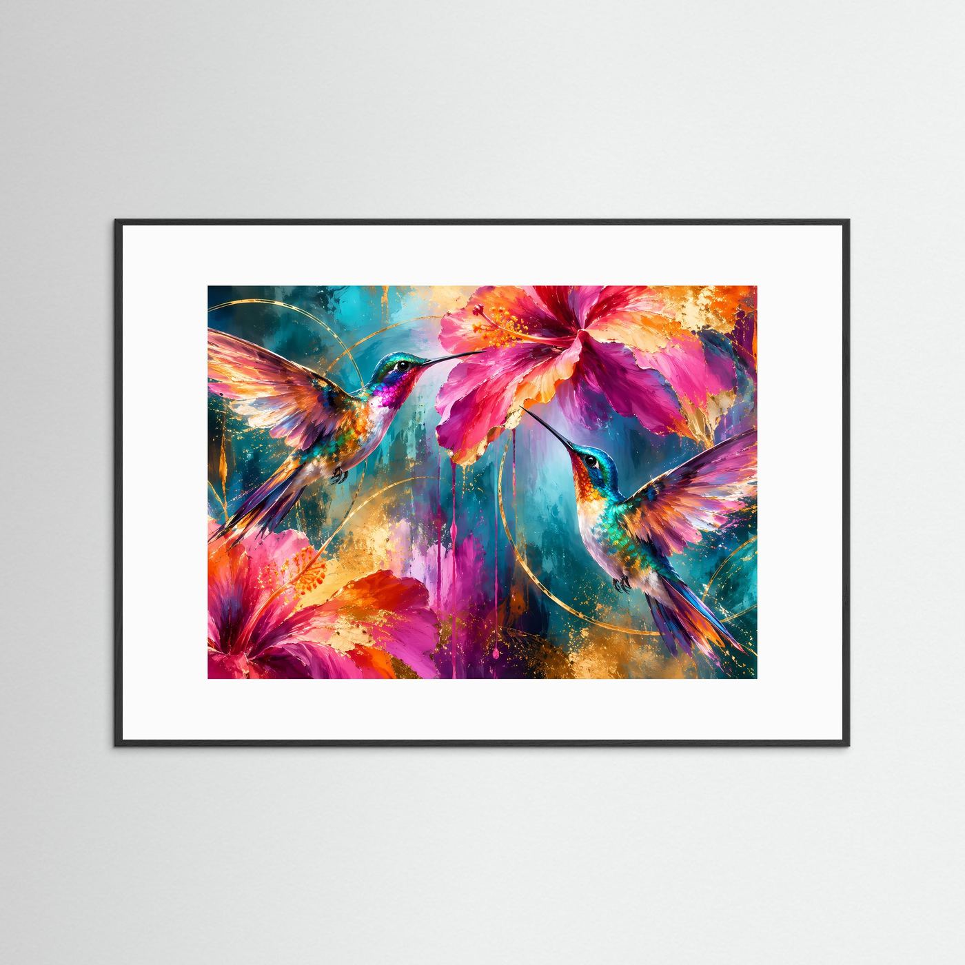 Kolibris & Hibiskusblüten in Pink & Türkis | Modernes Blumen-Poster mit Goldakzenten