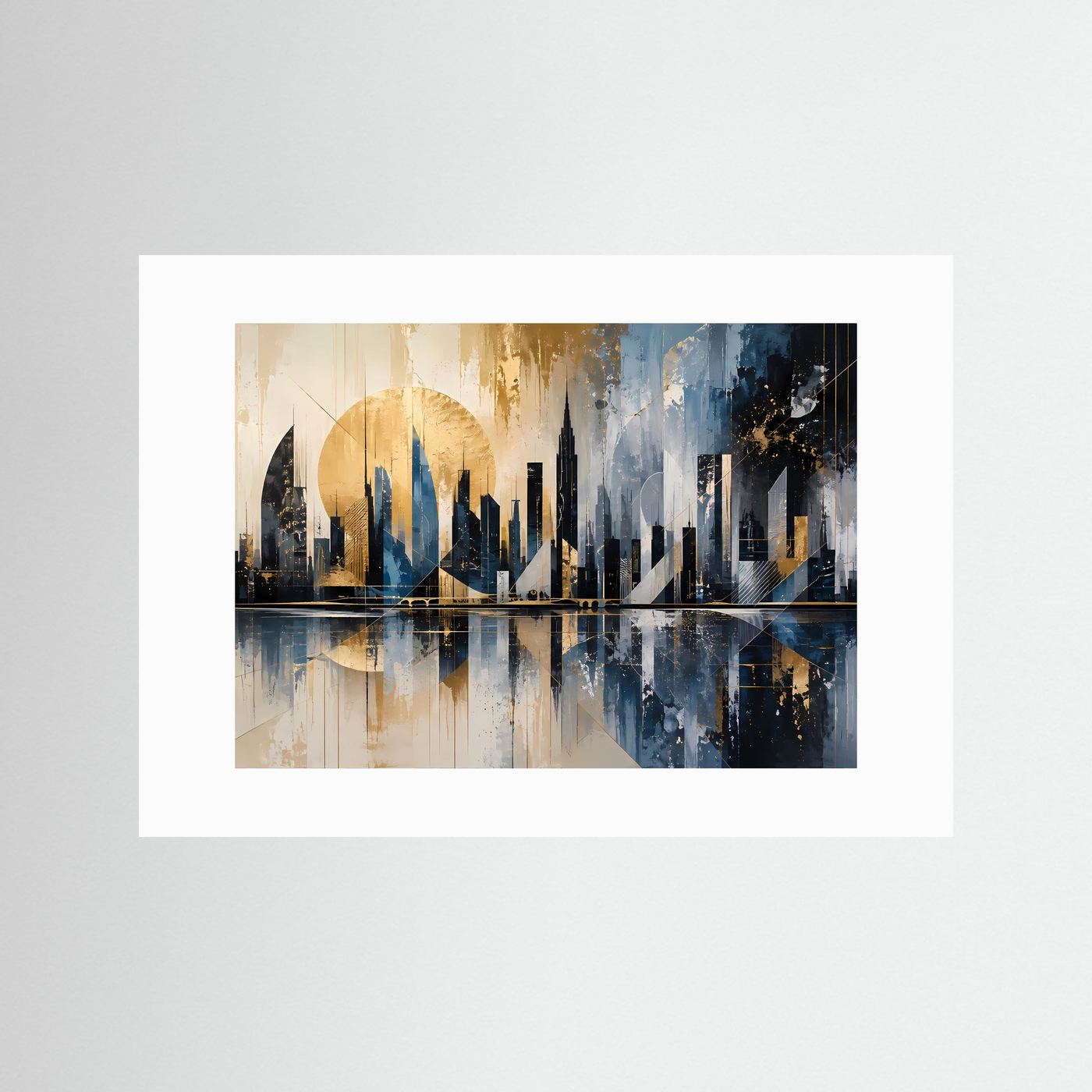 Abstrakte Skyline in Blau, Gold & Schwarz | Moderne Stadtlandschaft mit Spiegelung