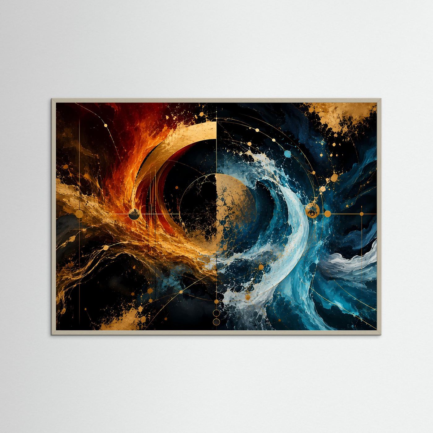 Feuer & Wasser – Abstrakte Elementekunst | Goldene Geometrie in Blau, Orange & Schwarz
