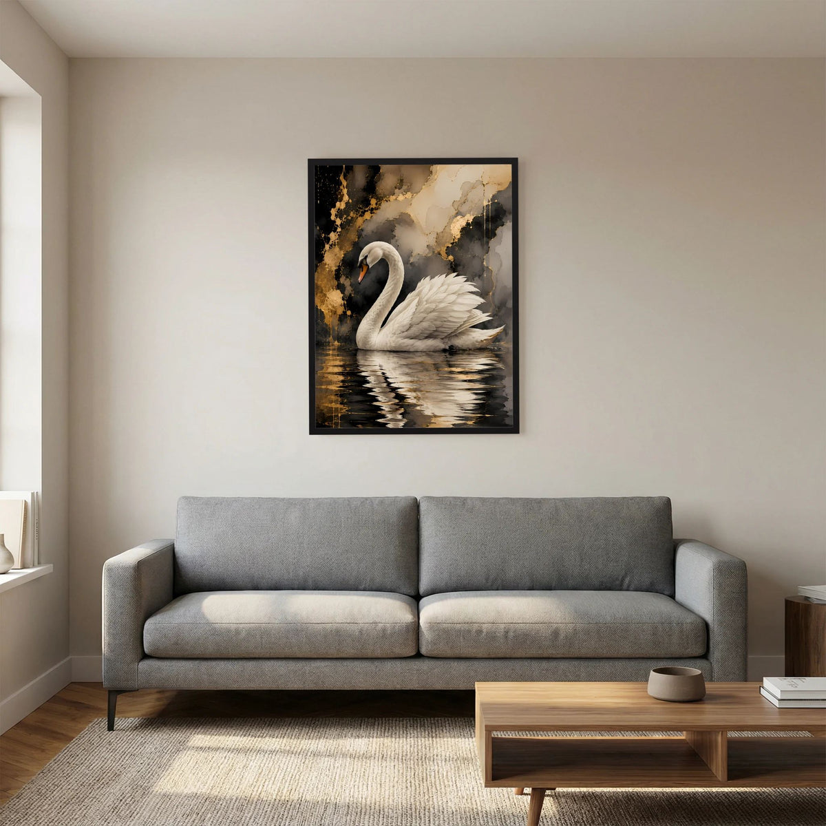 Wandposter mit weißem Schwan auf goldenem Wasser, schwarzer Rahmen