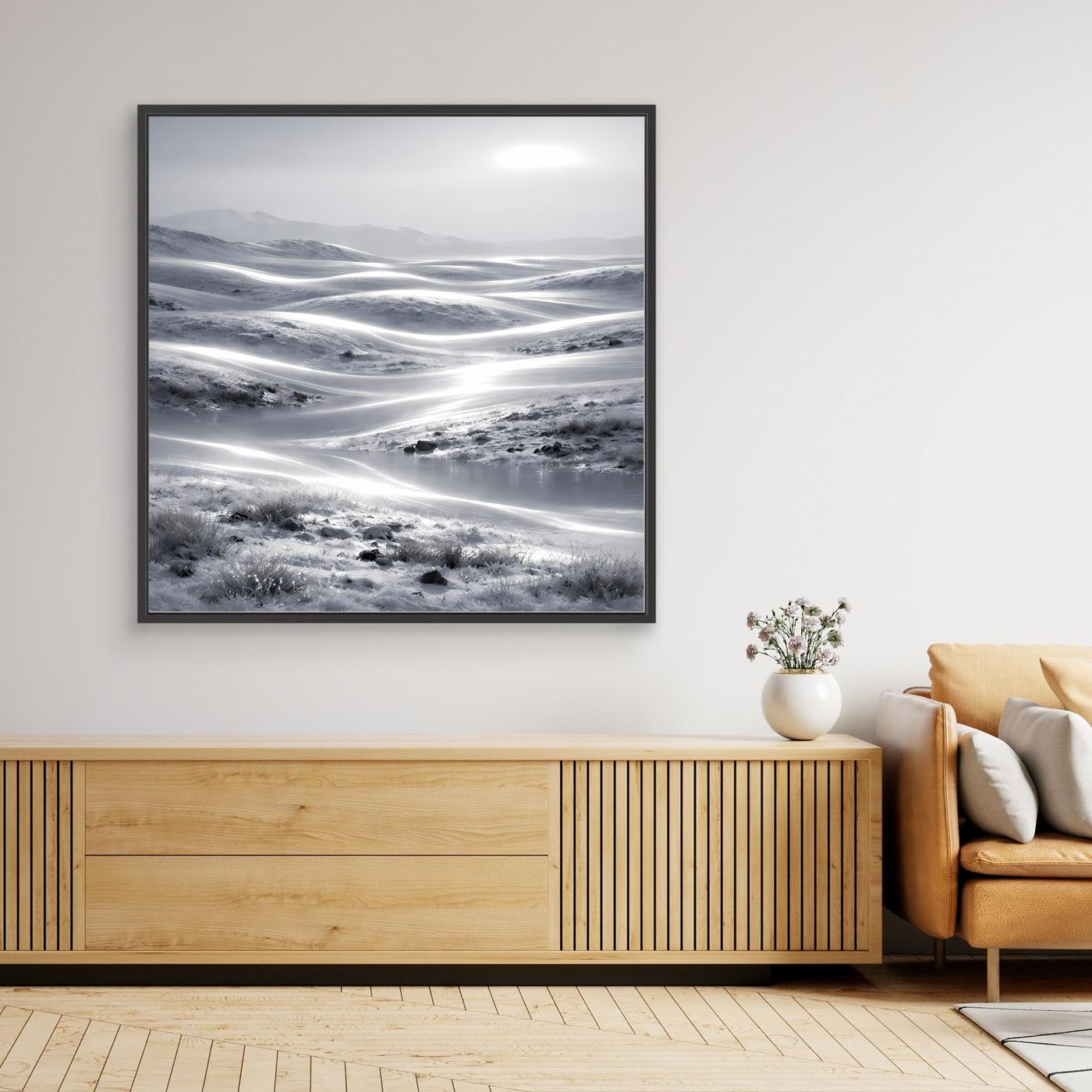 Schneelandschaft-Leinwandbild mit schwarzem Rahmen, abstrakte Winterberge und Schneefelder
