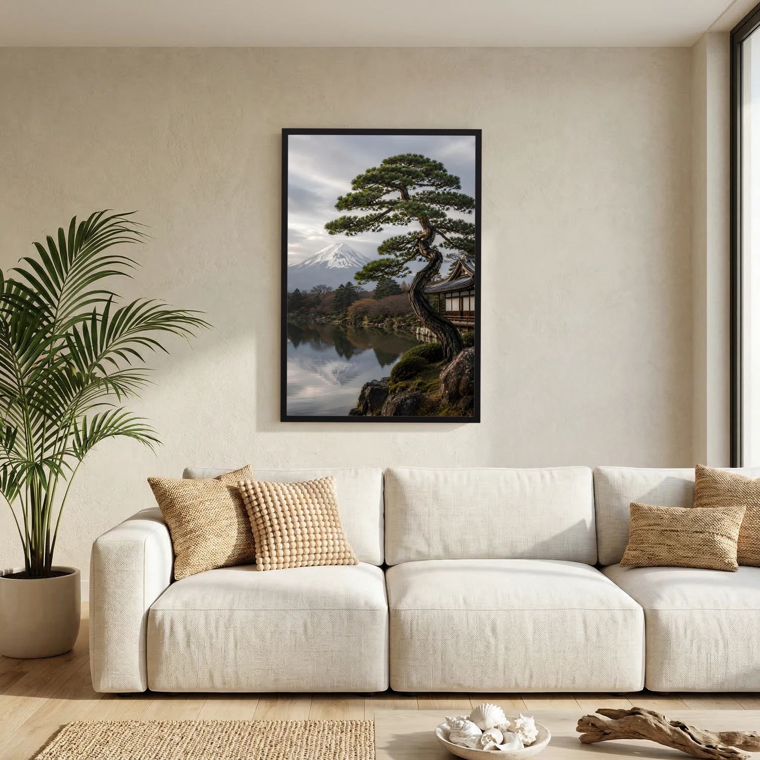 Hochformatposter mit schwarzem Rahmen, japanisches Gartenmotiv mit Kiefer und Fuji