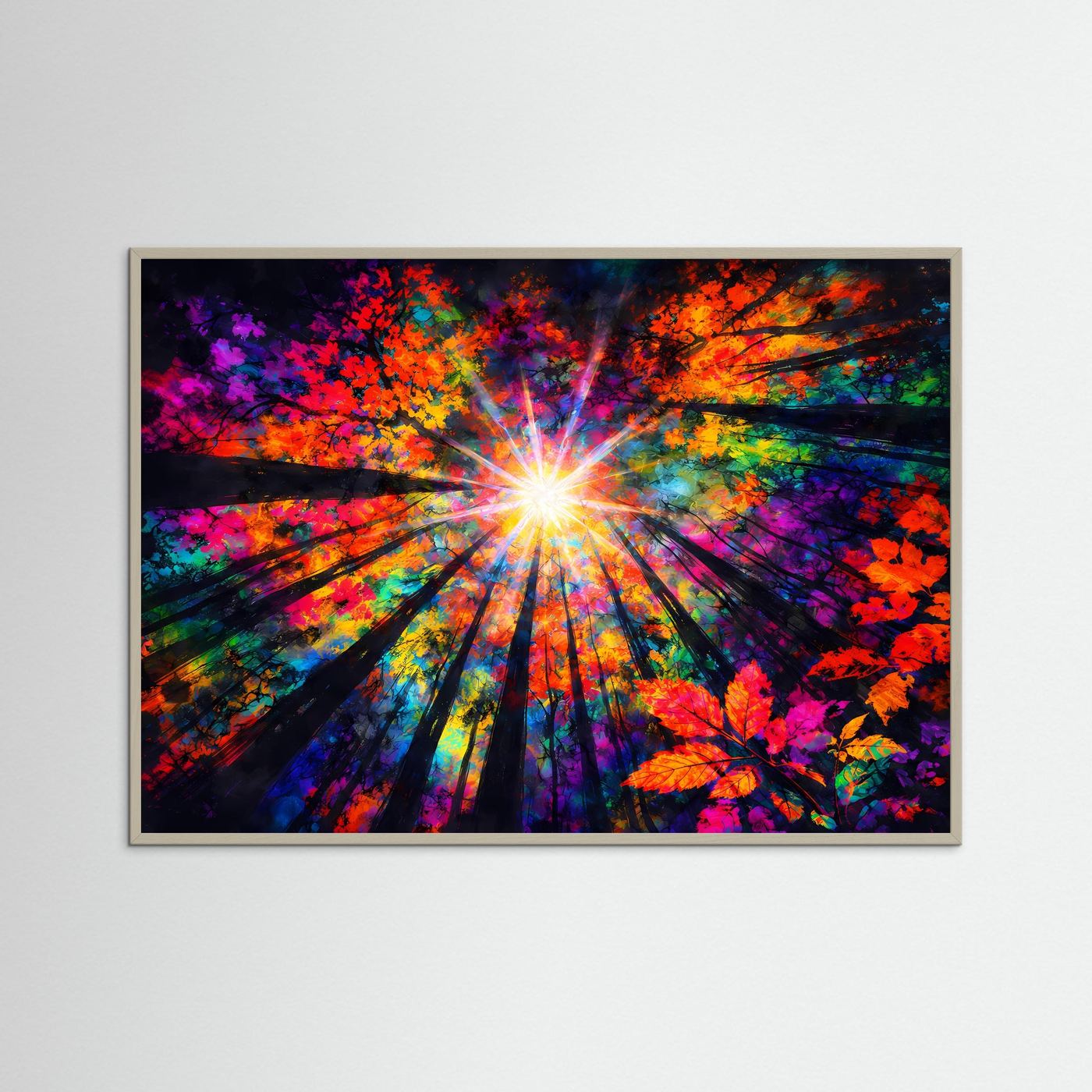 Abstraktes Kunstposter im Querformat in grauem Rahmen mit farbenfrohem Lichtstern