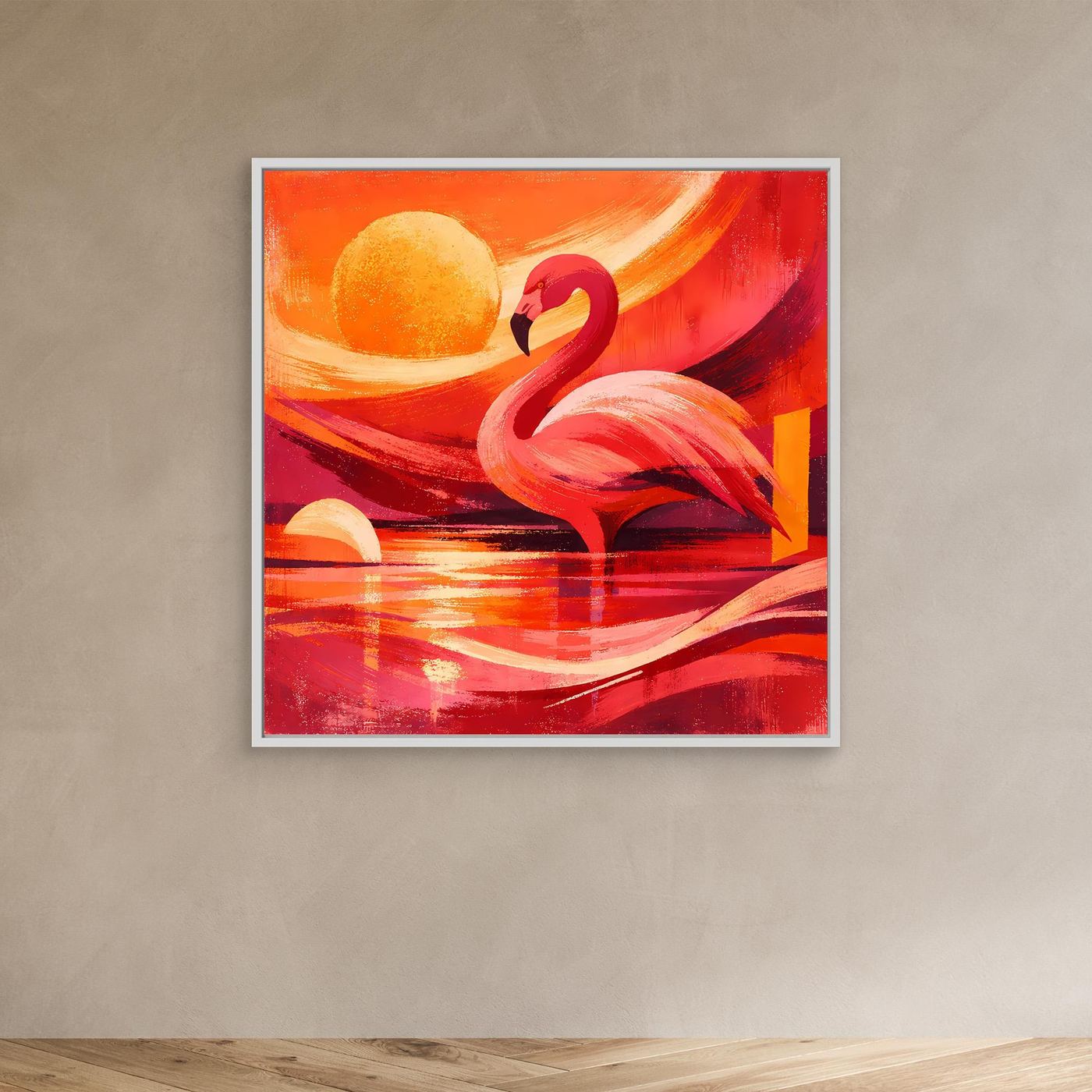 Kleines Leinwand-Wandbild im weißen Rahmen: roter Flamingo, gelbe Sonne und rotes Wasser