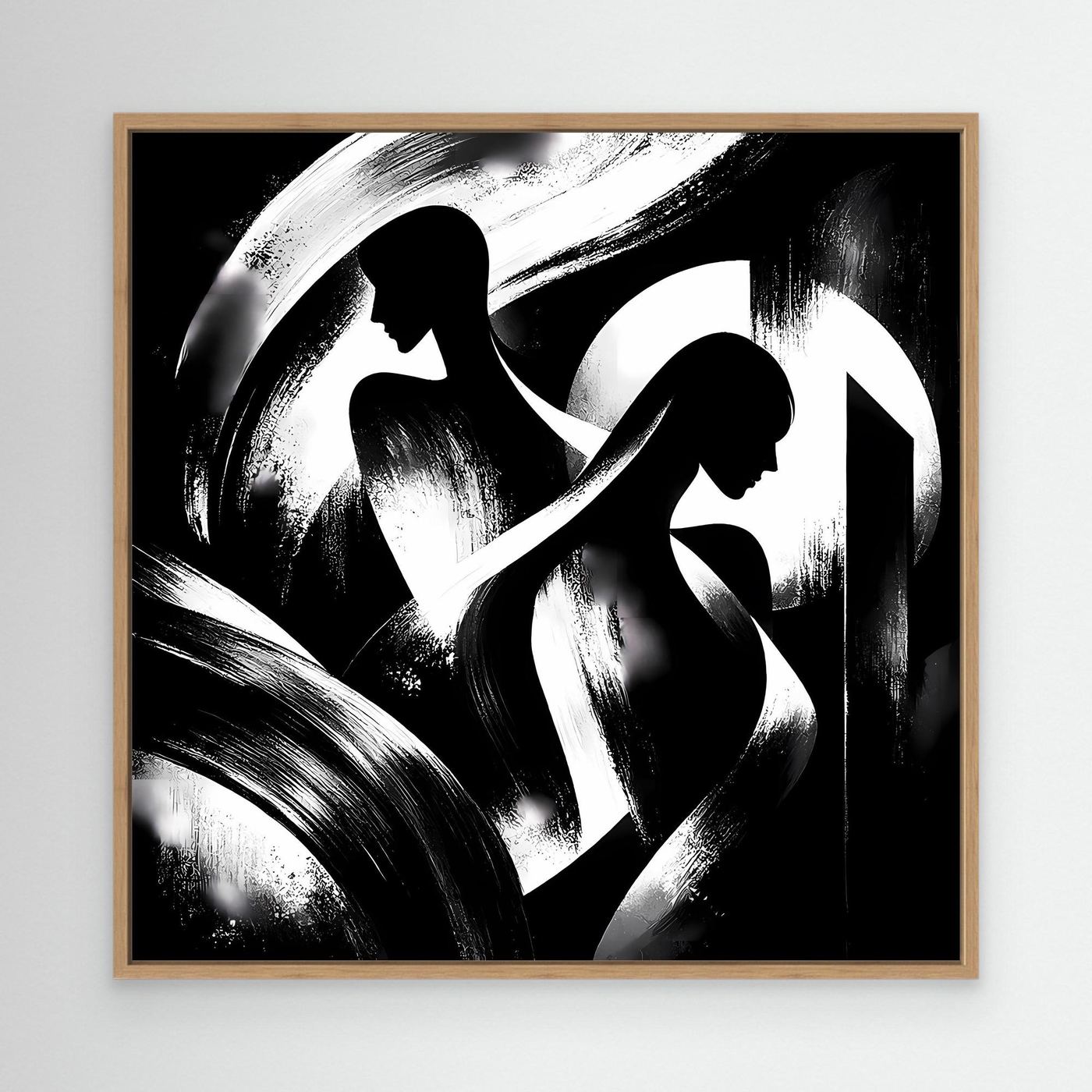 Abstraktes Leinwand-Wandbild, schwarzweiße Silhouetten, Eichenrahmen