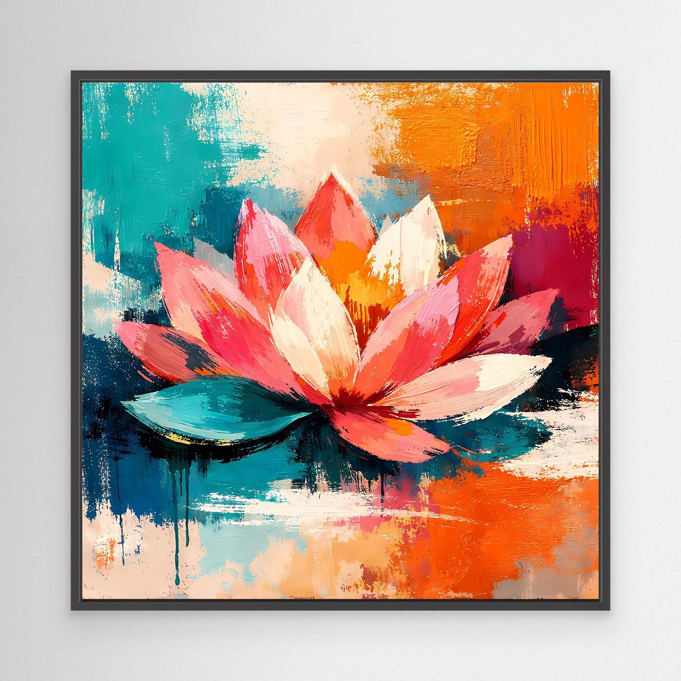 Black-framed abstract lotus canvas wall art with teal, orange, and pink petals