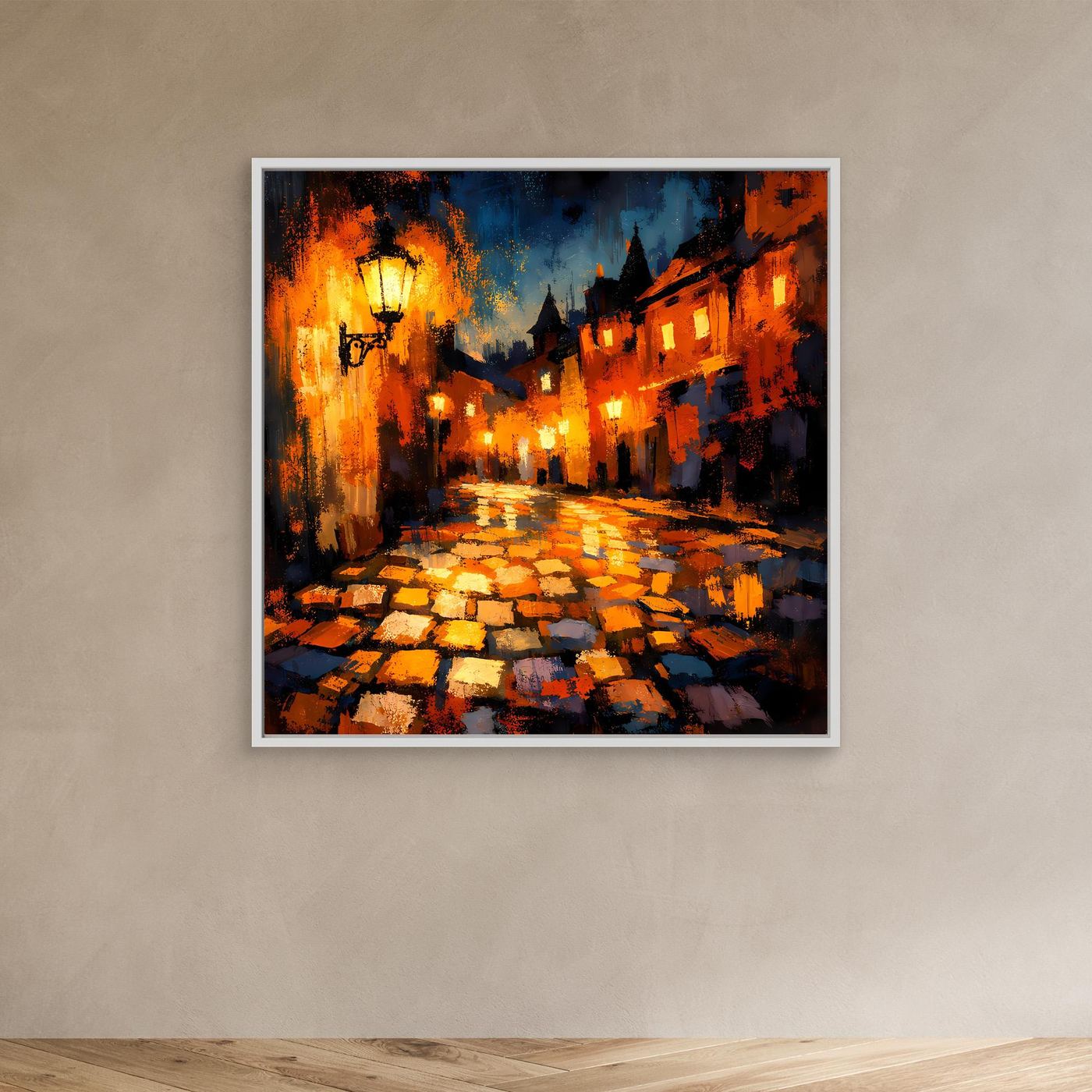 Leinwand Abstraktes Altstadt Gemälde | Modernes Romantisches Gassen Wandbild bei Nacht