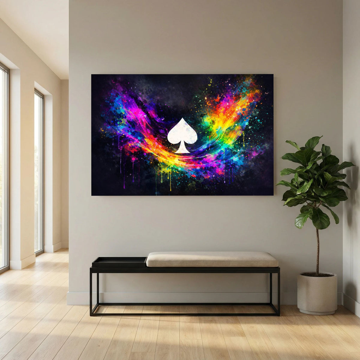 Wandbild Querformat mit Neon-Farbwolken und Regenbogenbogen sowie weißem Pik-Symbol.