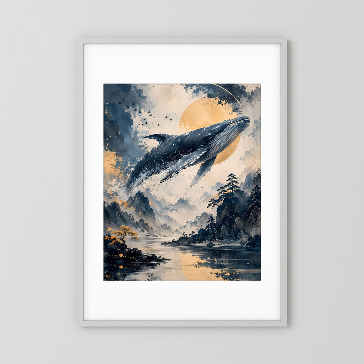 Poster im Hochformat mit Wal-Motiv in Blau und Creme in weißem Rahmen mit Passepartout