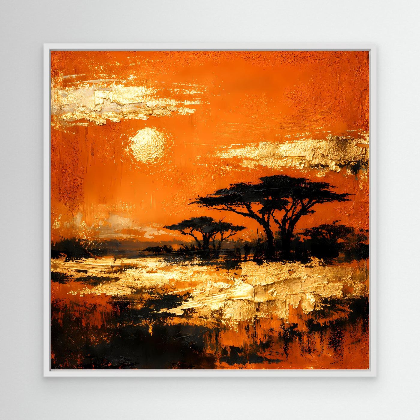 Leinwand Abstraktes Savannen-Panorama | Modernes Afrika Wandbild in Orange und Goldblättern