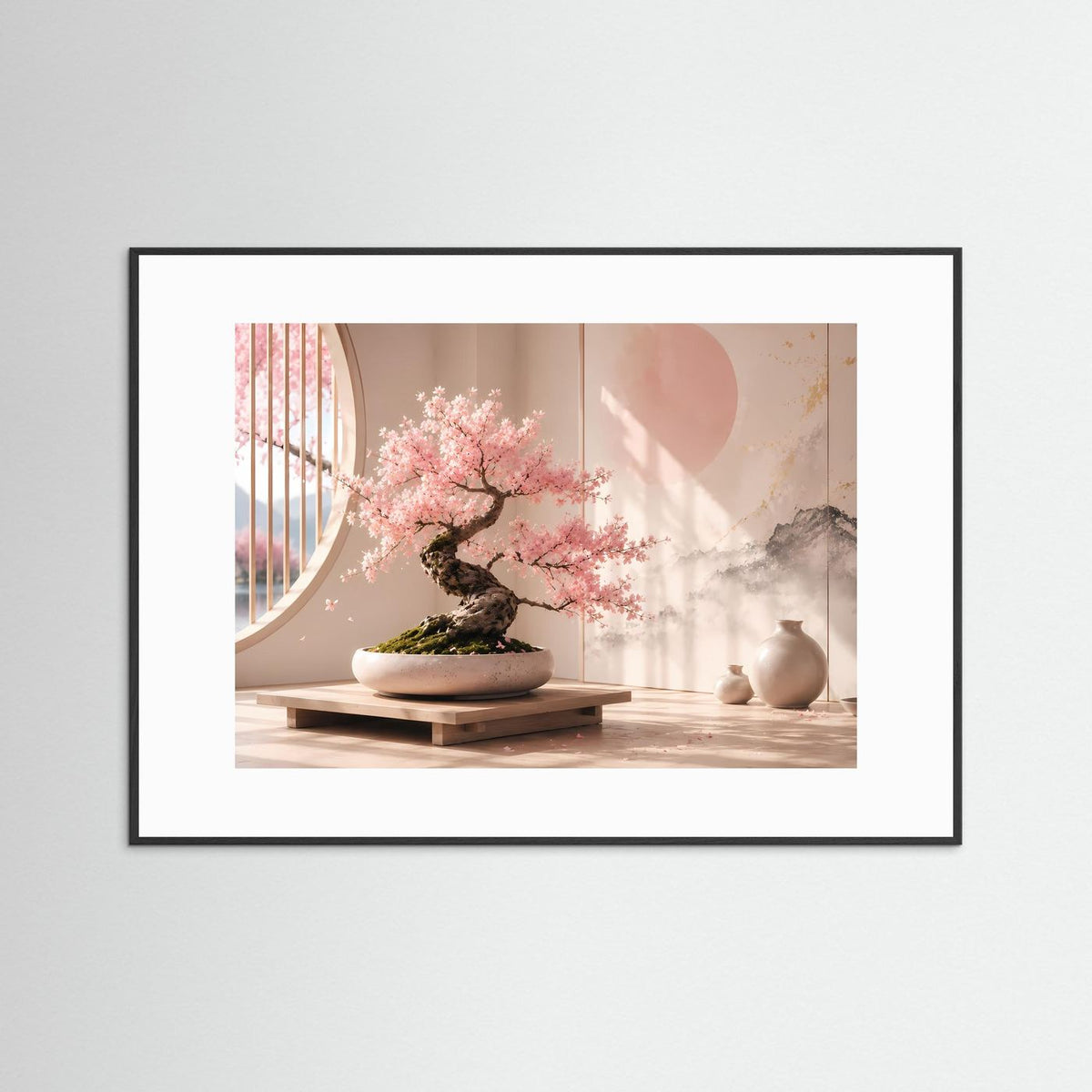 Querformat-Poster mit Kirschblüten-Bonsai im schwarzen Rahmen, rosa Blüten, Vasen.