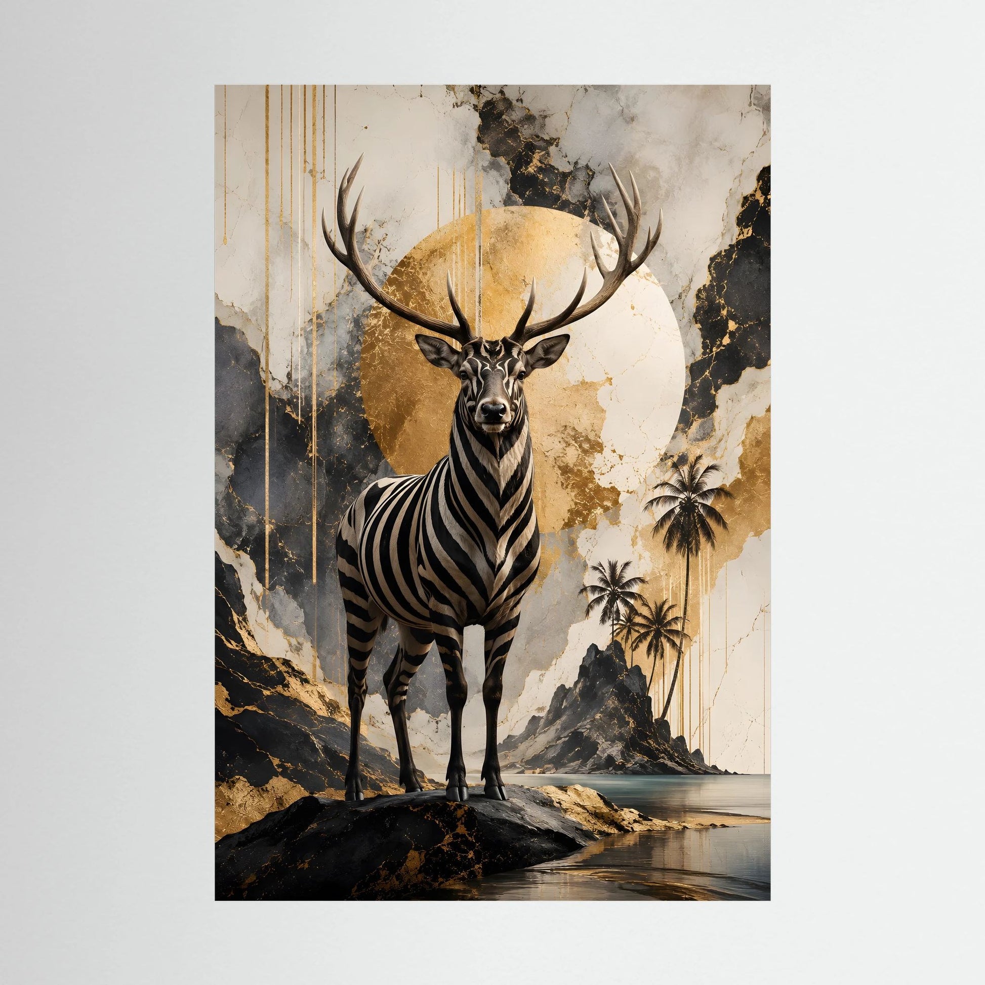 Ungerahmtes hochformatiges Kunstposter mit Zebra-Hirsch und goldener Mondscheibe