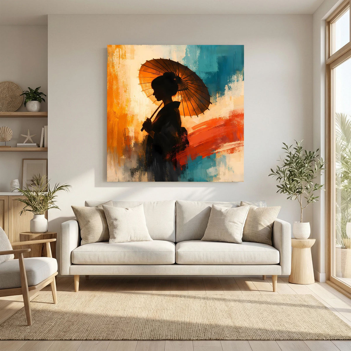 Abstraktes Leinwand-Wandbild auf Keilrahmen mit Frauensilhouette und schwarzem Sonnenschirm