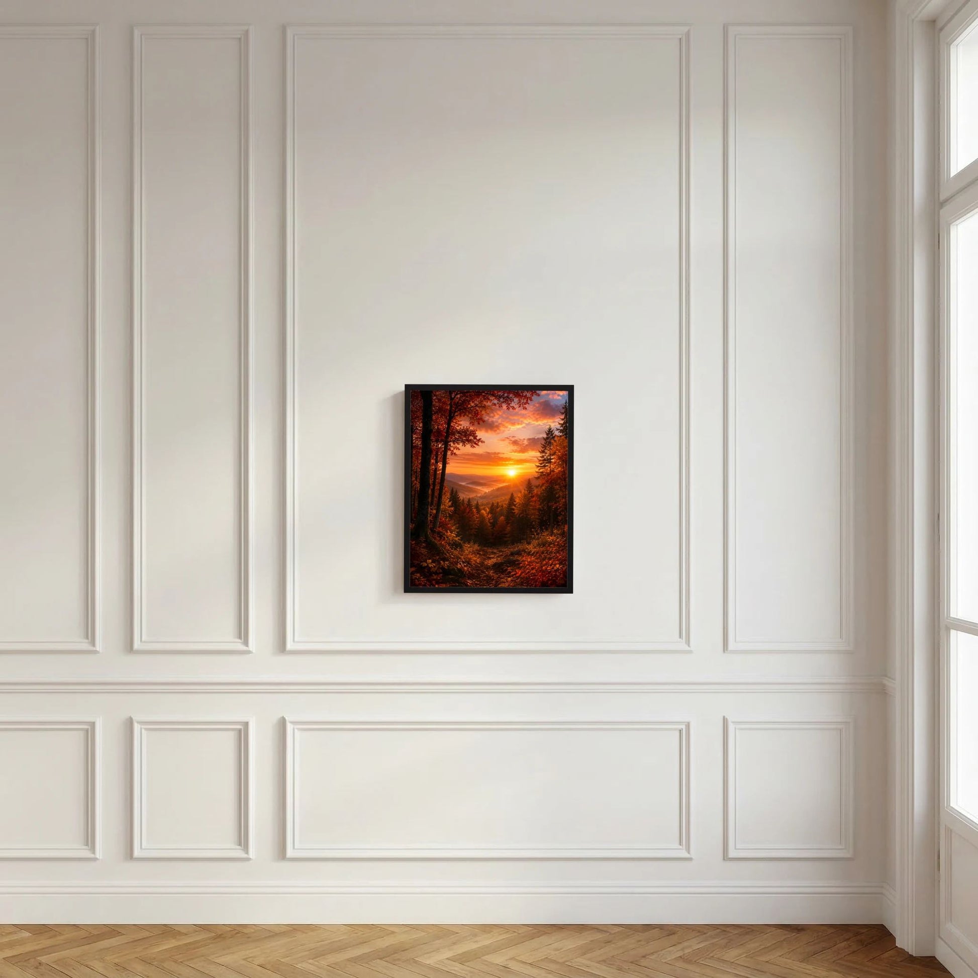 Hochformat-Kunstposter Herbstwald bei Sonnenuntergang, orangefarbener Himmel, schwarzer Rahmen