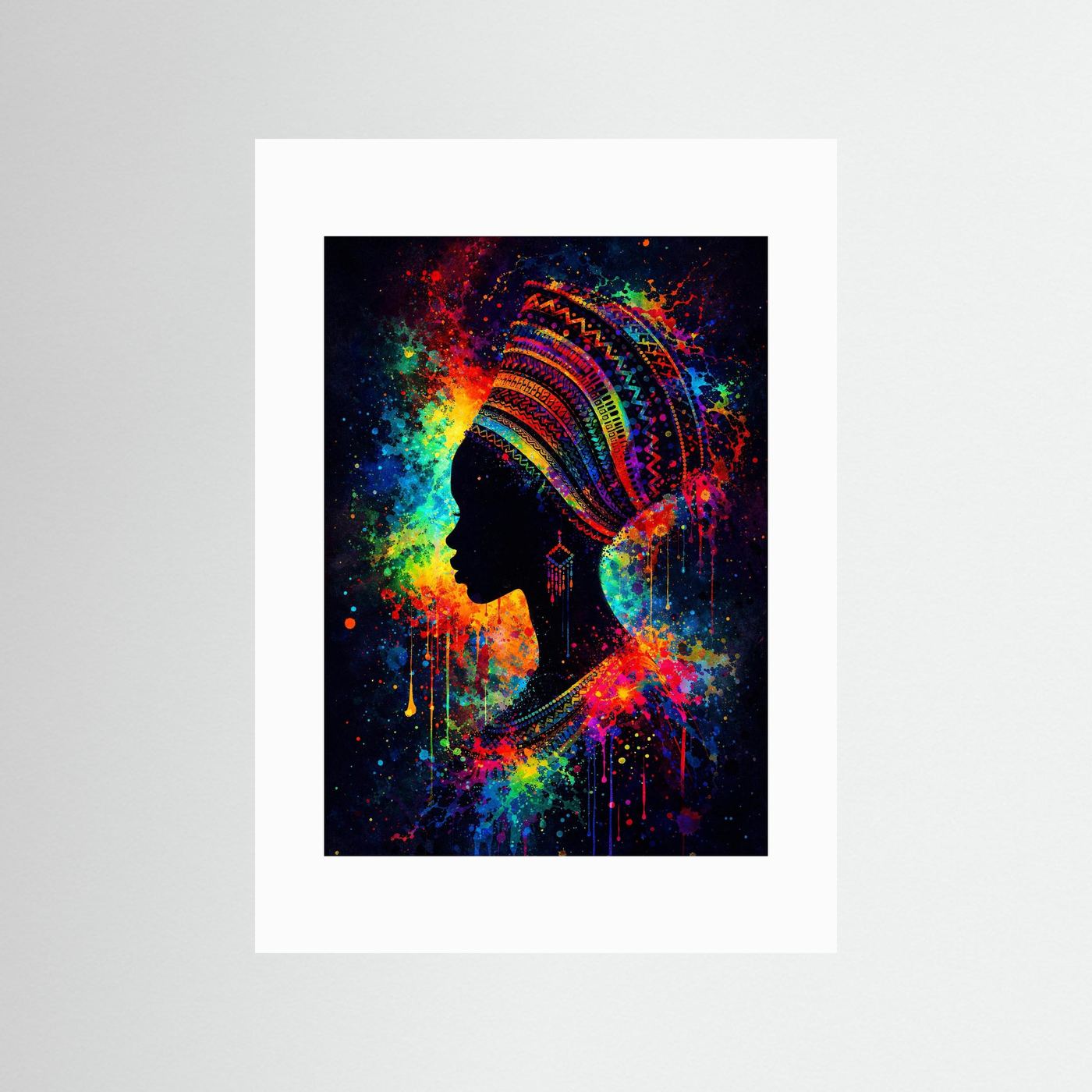 Poster mit Frauensilhouette und Kopfschmuck, Neon-Graffiti-Farbspritzer, ohne Rahmen
