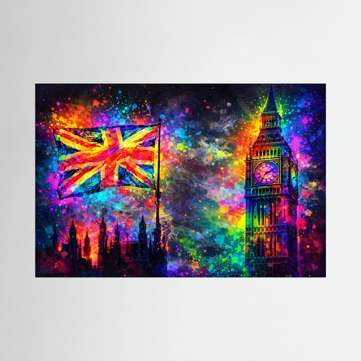 Neonfarbenes Pop-Art-Wandbild im Querformat mit Big Ben und Union-Jack-Flagge