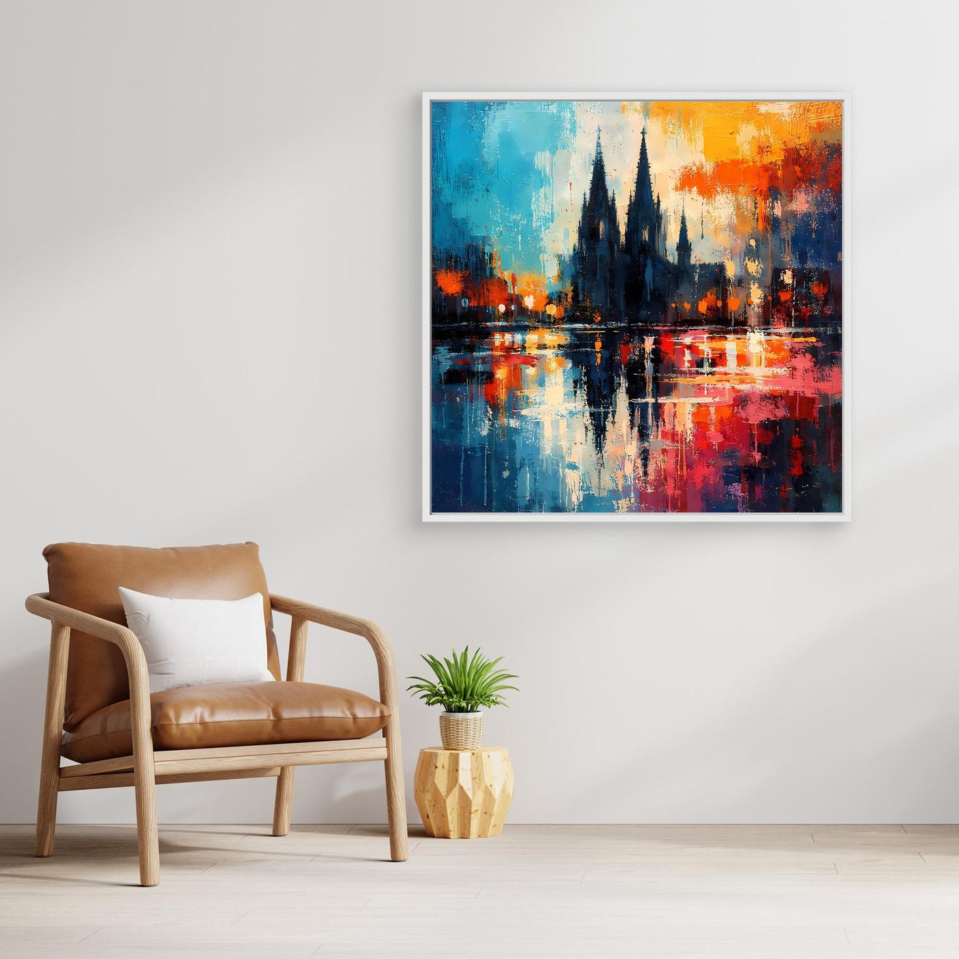 Abstraktes Leinwand-Wandbild mit Dom und Lichtern am Wasser, dünner goldfarbener Rahmen