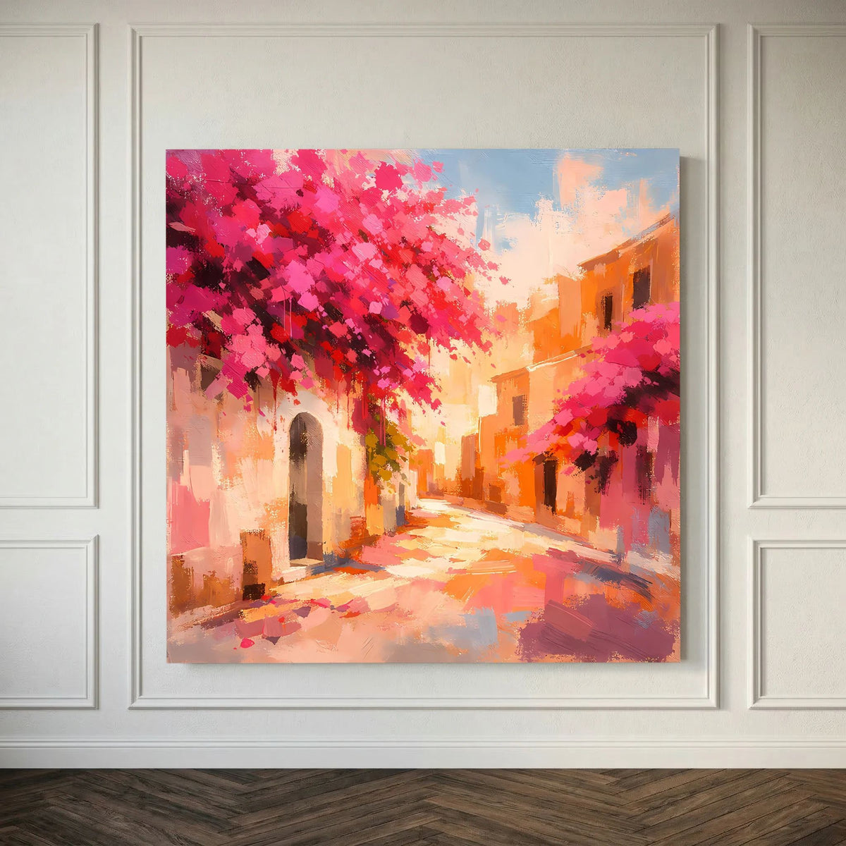 Abstraktes Leinwandbild im Rahmenlook: rosa Blüten über einer mediterranen Gasse