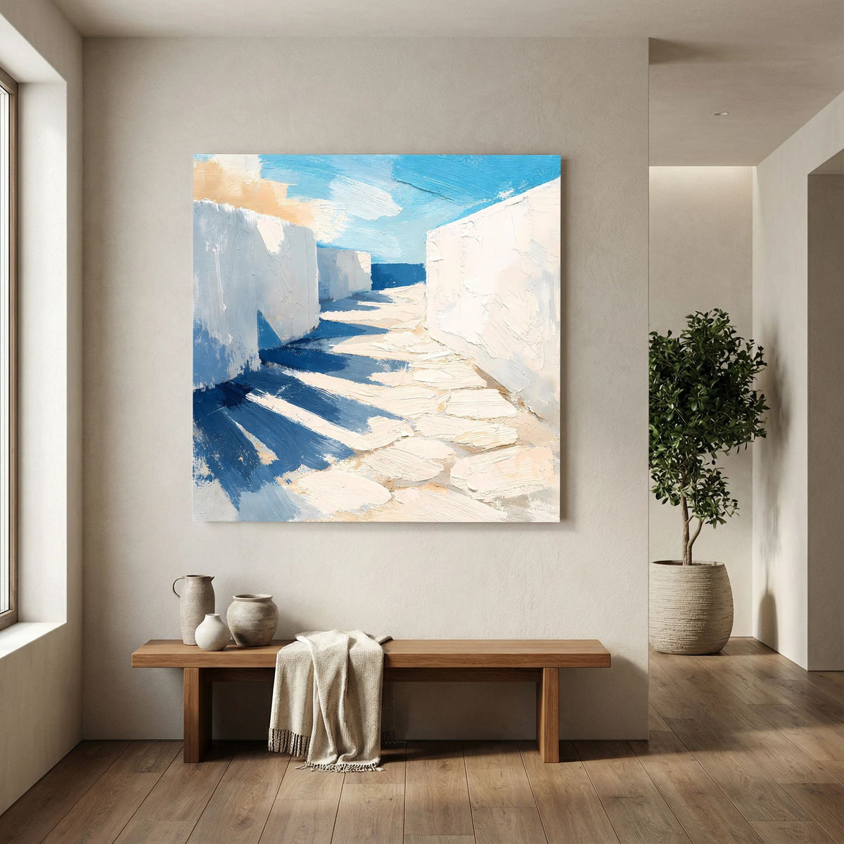 Abstraktes Wandbild mit Perspektive: Küstengasse, weiße Mauern, blaue Schatten und Steine