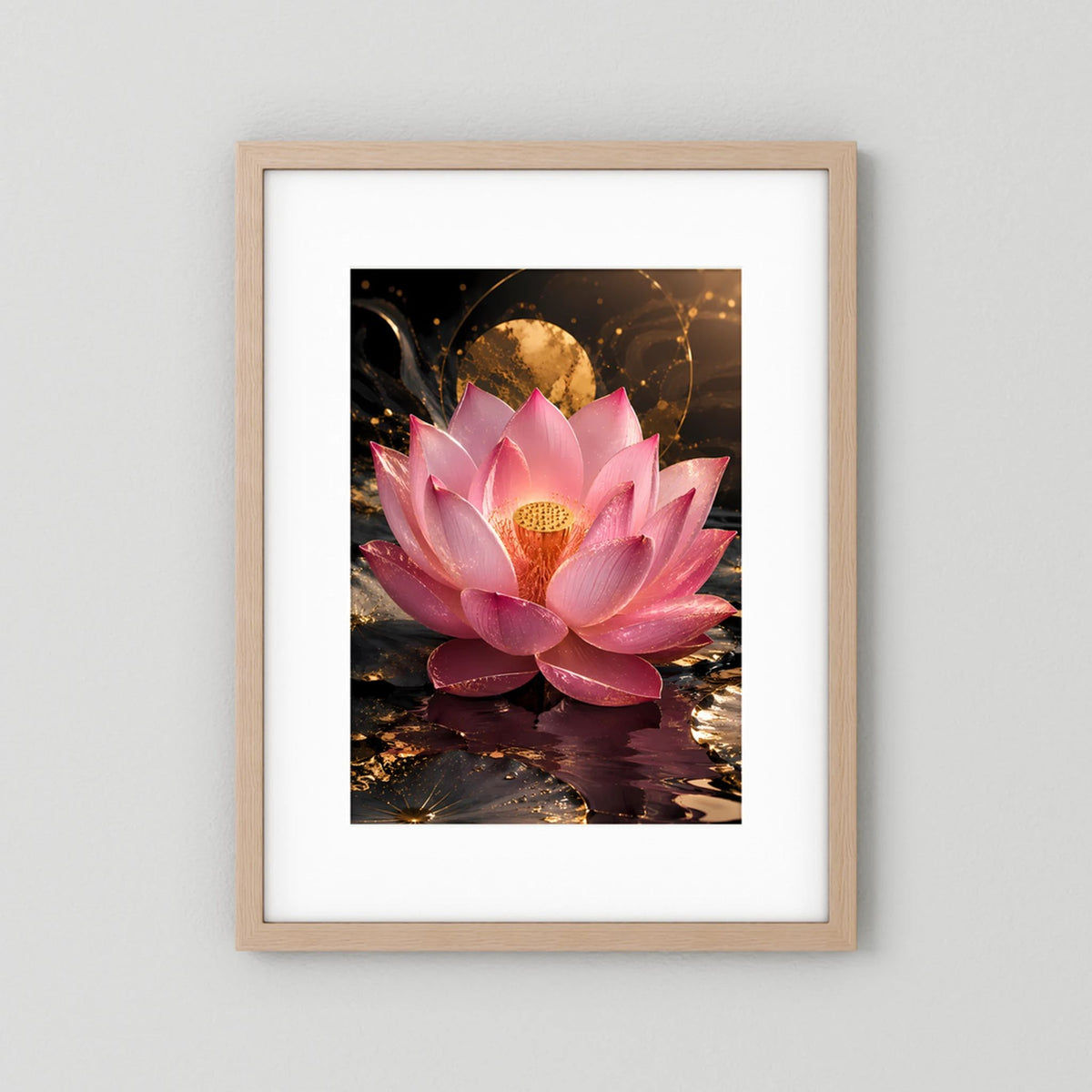Lotusblüten-Poster im hellem Holzrahmen, rosa Lotusblüte mit goldener Mitte, Hochformat