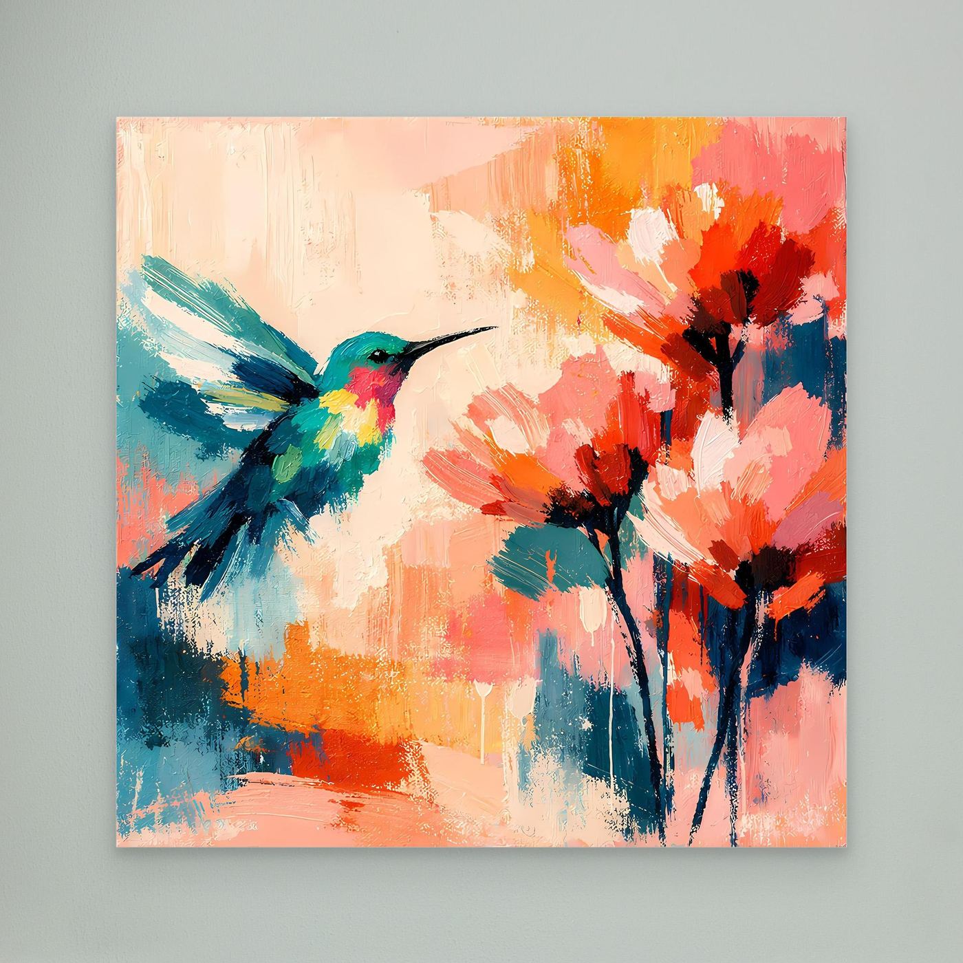 Abstract canvas hummingbird wall art with colorful flowers, no frame