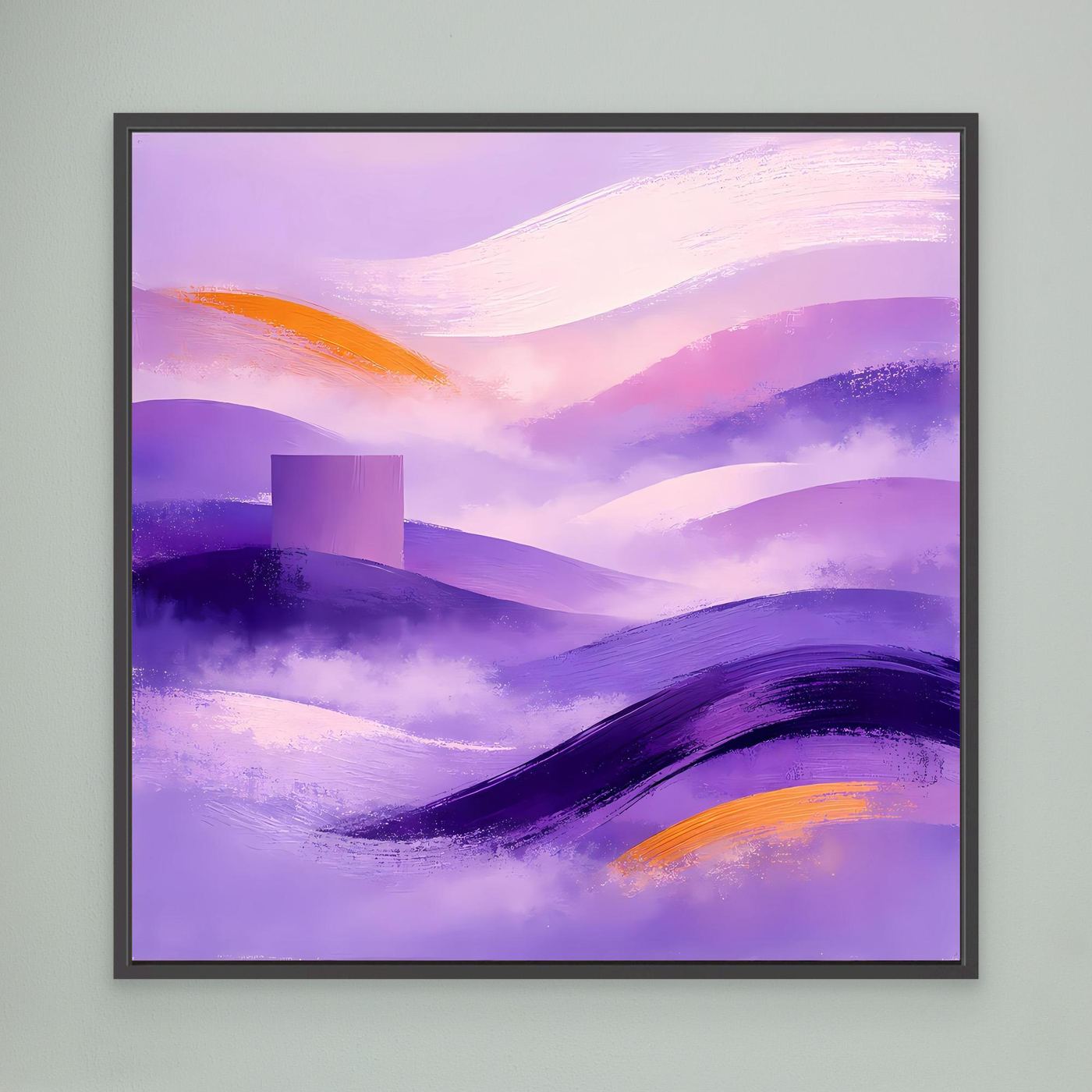 Quadratisches Leinwandbild mit abstrakter lila Berglandschaft, orange Akzenten, schwarzer Rahmen