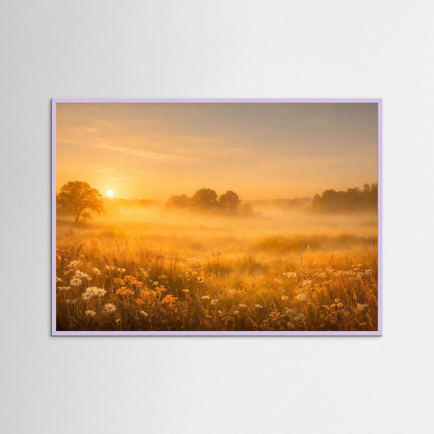 Poster Blumenwiese im Morgennebel | Goldener Sonnenaufgang Wandbild