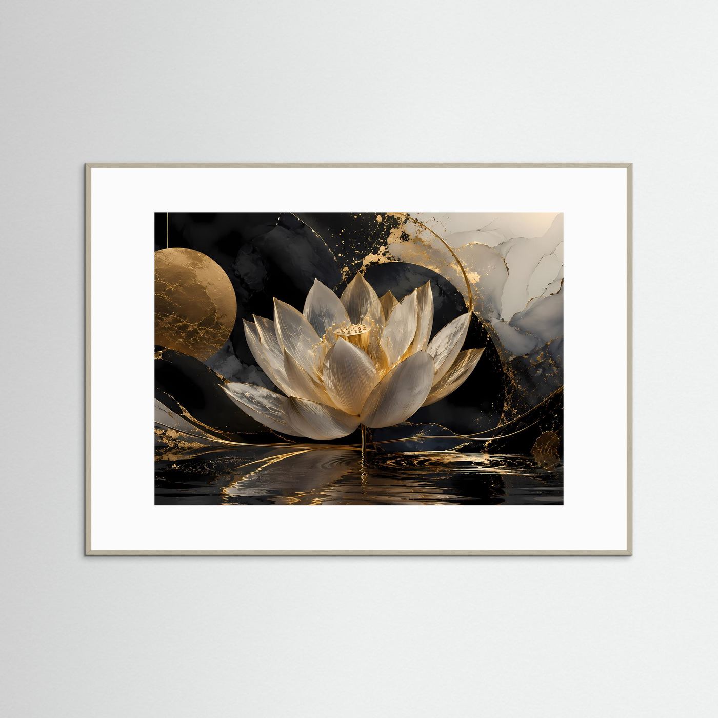 Weiße Lotusblüte Wandbild | Schwarz Gold Lotus Kunst | Elegante Zen Botanical Wall Art | Luxuriöse Meditation Leinwand | Moderne Wellness Deko