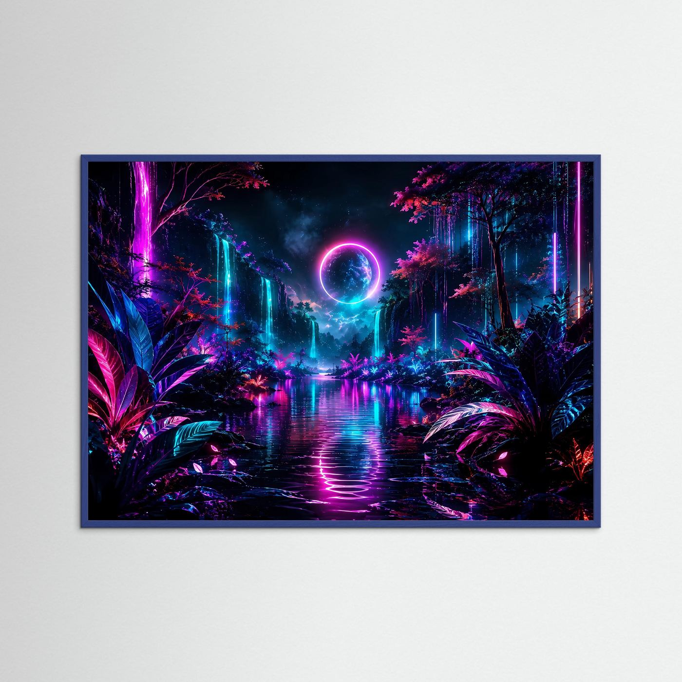 Neon Fantasy Landschaft Poster | Leuchtender Wasserfall Wandkunst | Futuristische Natur | Cyberpunk Landschaft in Pink & Blau