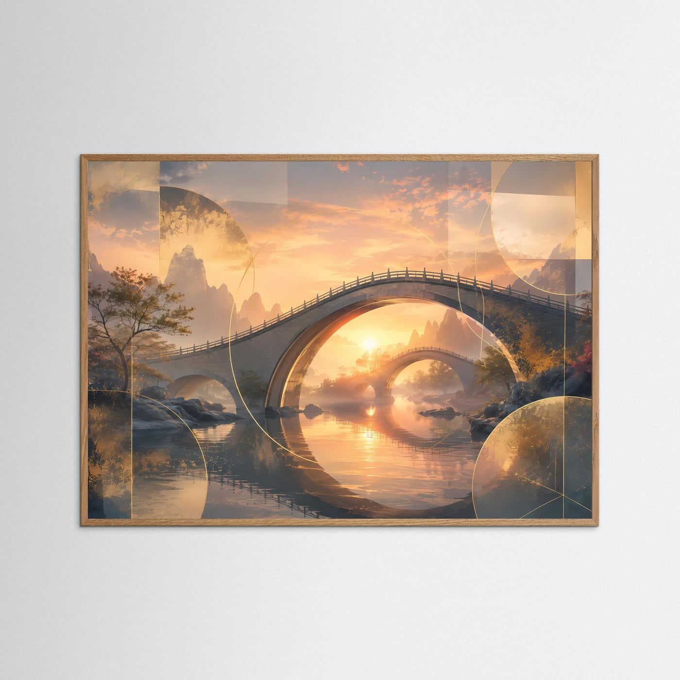 Querformat-Poster mit Bogenbrücke über ruhigem Wasser, im Sonnenuntergang, heller Eichenrahmen