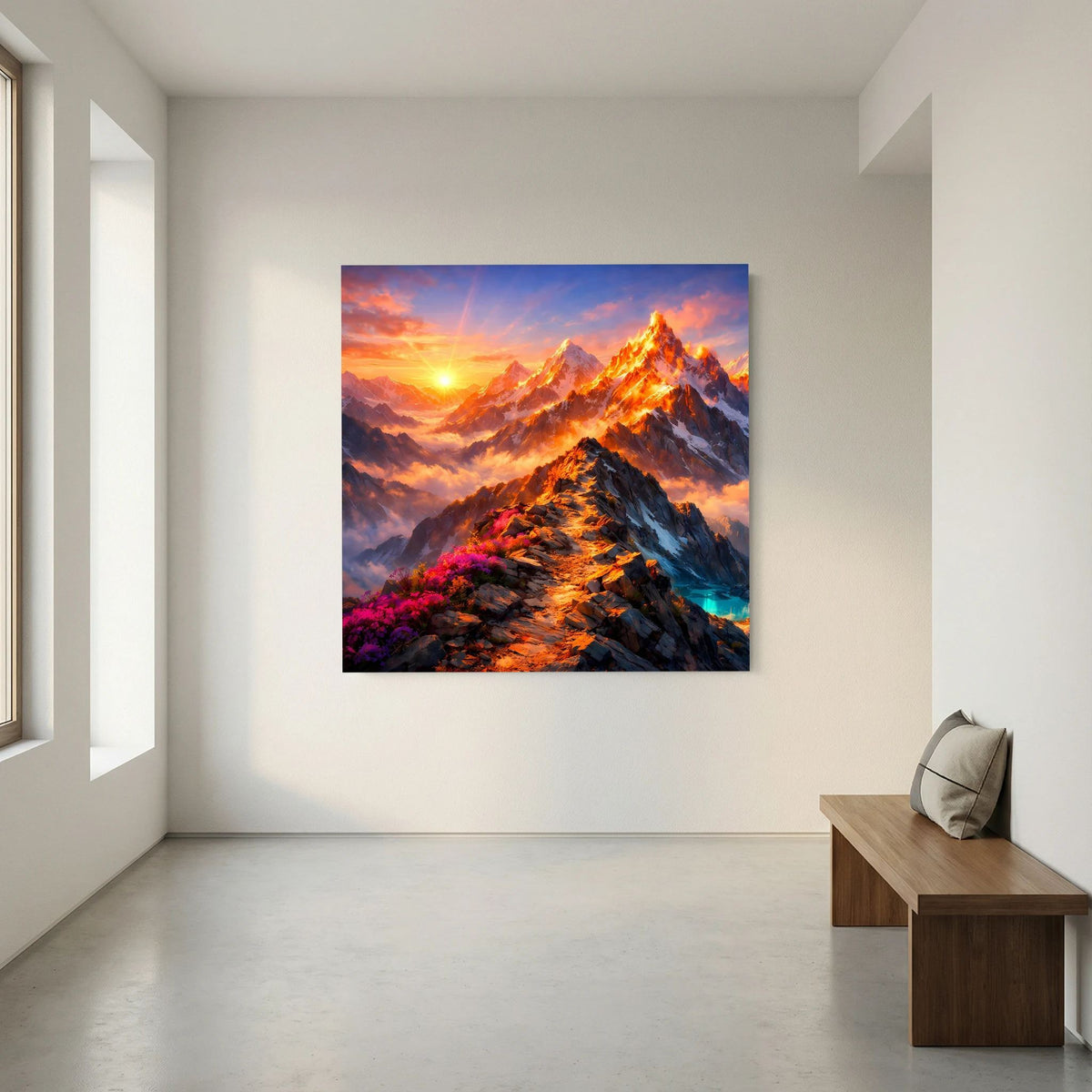 Quadratisches Leinwandbild mit Sonnenuntergang und Berggipfeln auf Holzkeilrahmen, blau