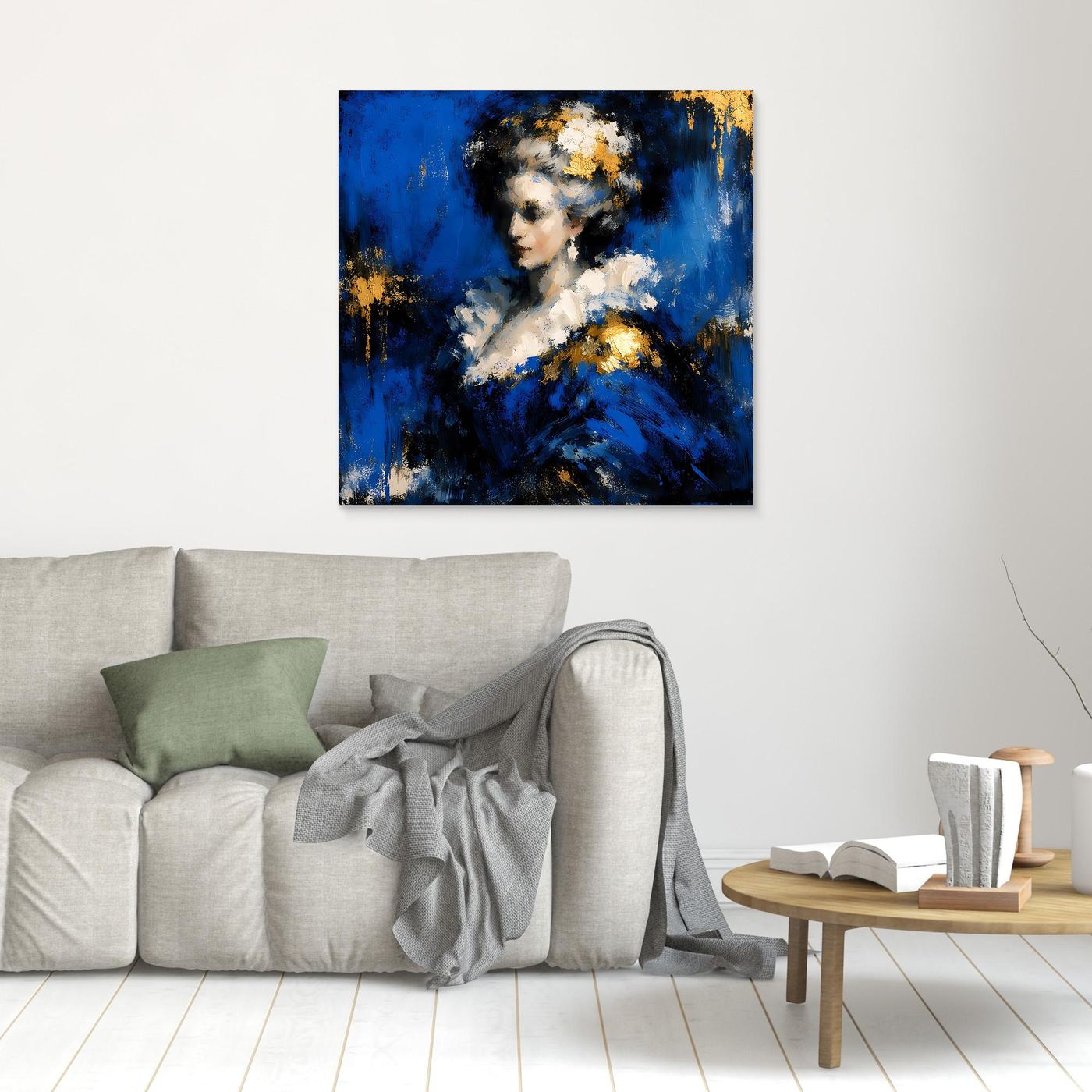 Leinwand Elegante Barock-Dame in Blau und Gold | Abstraktes Porträt Wandbild