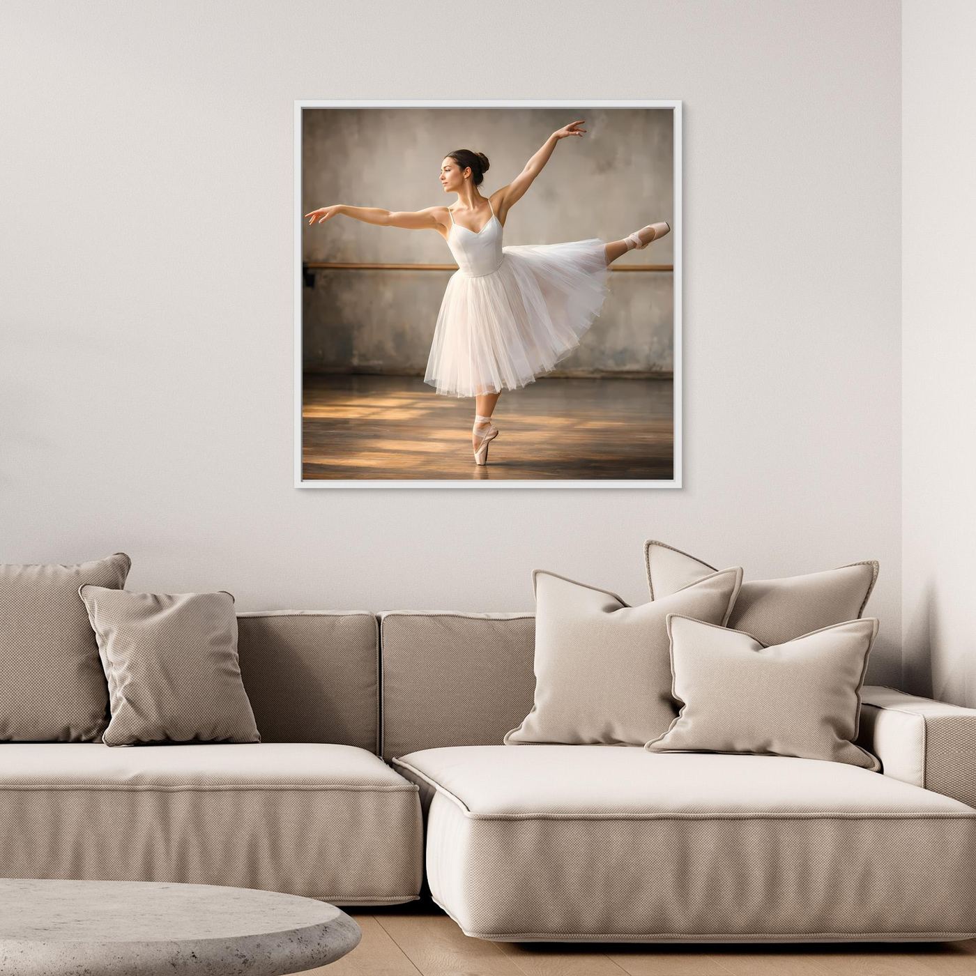 Gerahmtes Leinwandbild: Ballerina im weißen Tutu, heller Rahmen