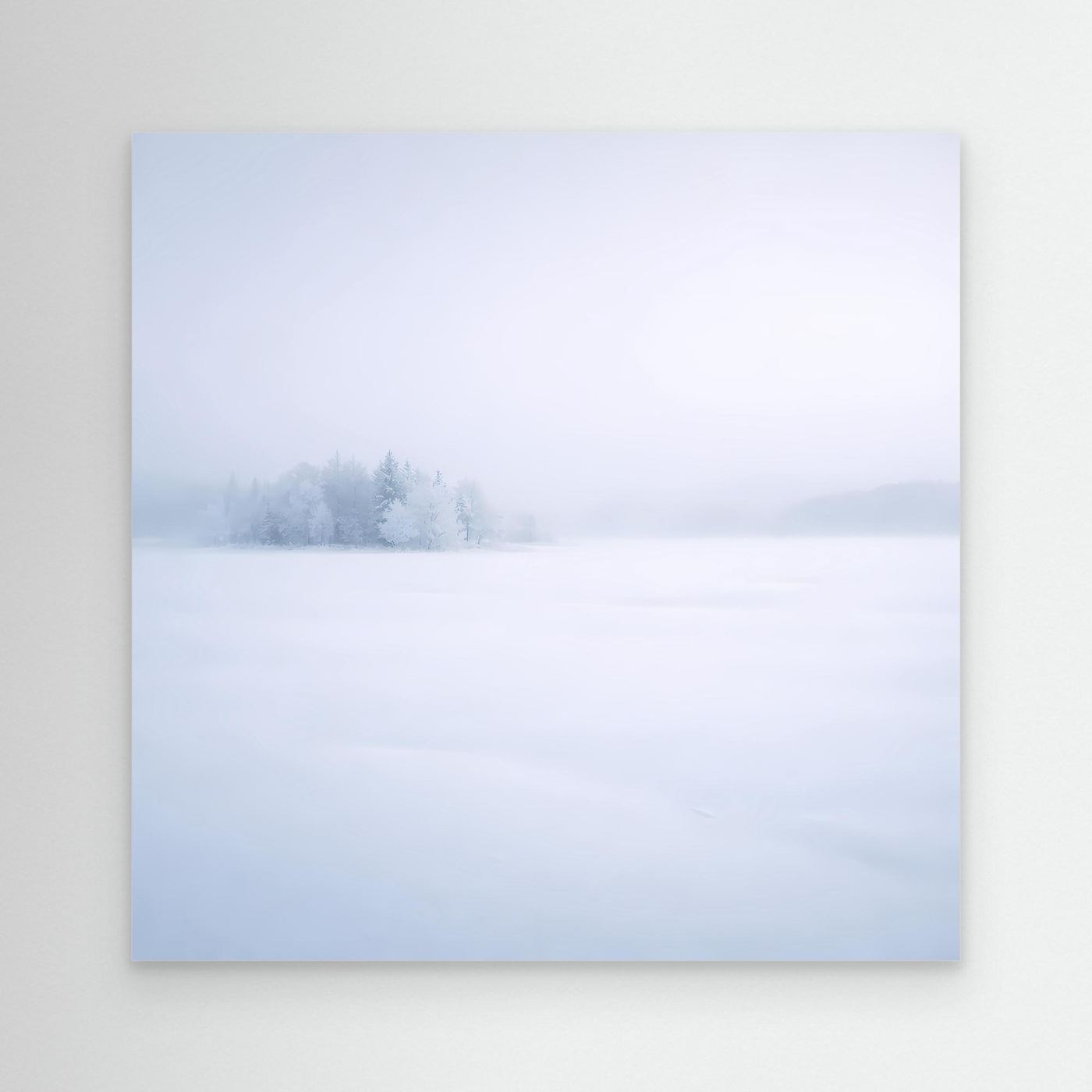 Leinwandbild mit Wintersee-Motiv: verschneite Bäume im Nebel, viel Weiß und Grau
