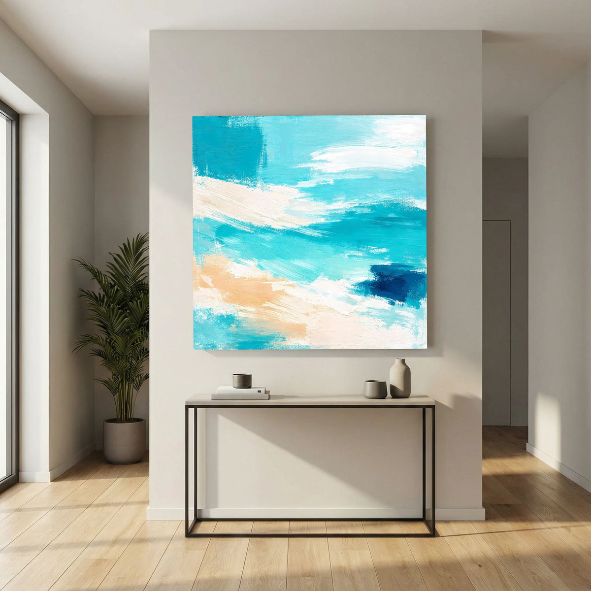 Quadratisches Leinwand-Wandbild mit abstrakten Wellen in Türkis, Blau und beigen Farbverläufen.