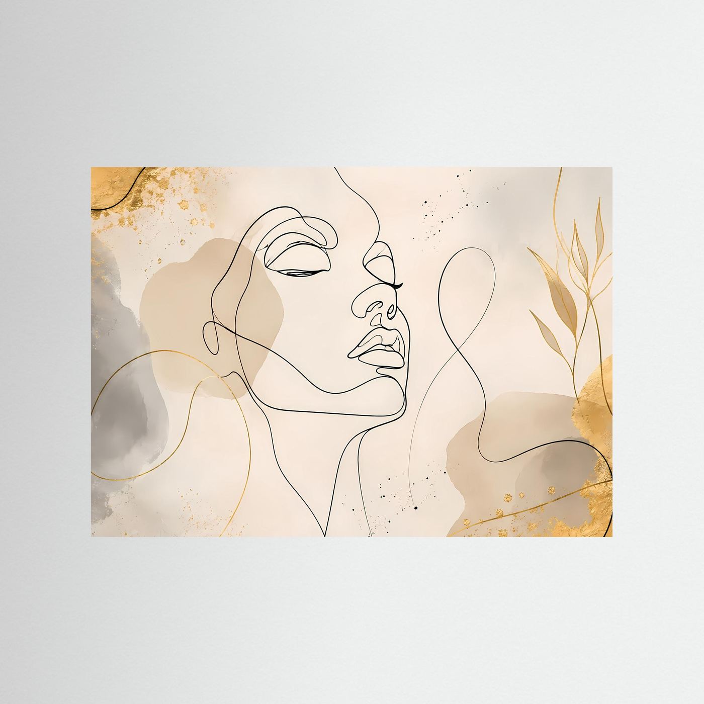 Minimalistisches One Line Face Poster Beige Gold | Moderne Line Art Wandkunst Gesicht Querformat