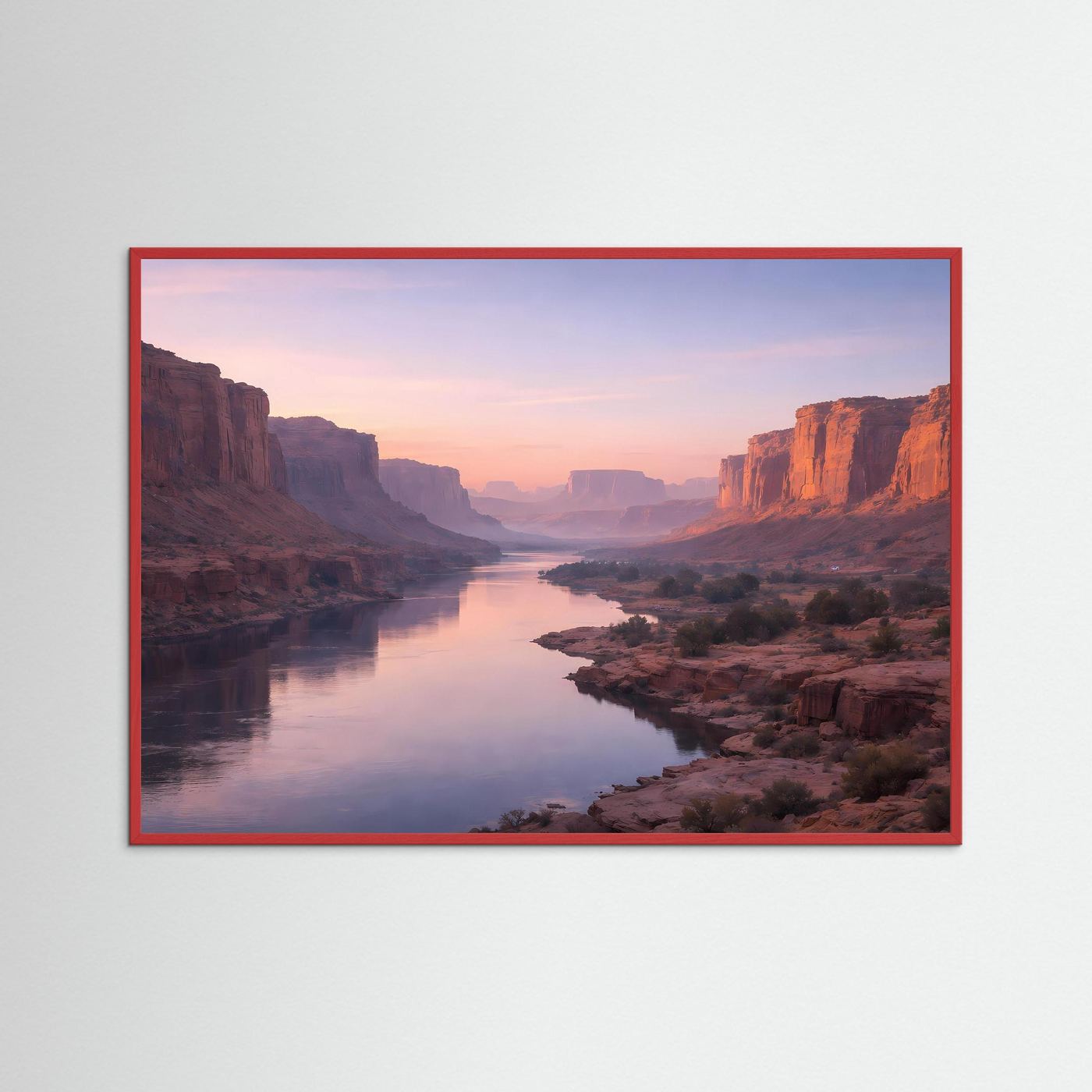 Wandposter Grand Canyon mit Fluss in der Schlucht, roter Holzrahmen