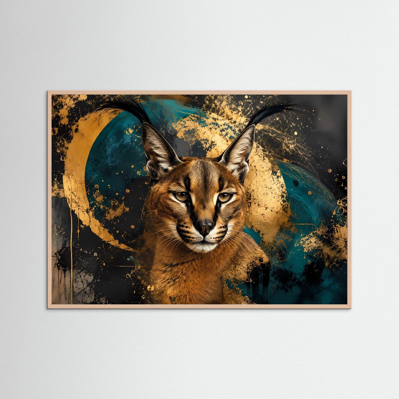 Majestätischer Caracal | Edles Wildkatzen Kunstposter mit Gold- und Türkis-Akzenten